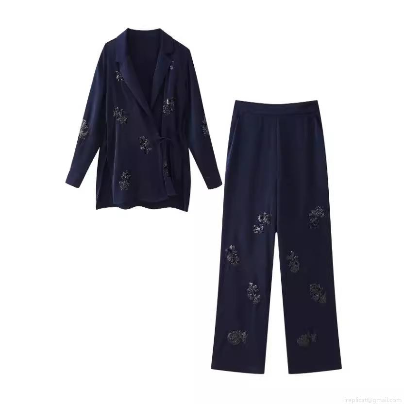 Elegant Sequin Floral Satin Two Piece Set Women Tie Waist Shirt And Wide Leg Pants Suit Luxury Resort Vacation Outfits Elegant Sequin Floral Satin Two Piece Set Women Tie Waist Shirt And Wide Leg Pants Suit Luxury Resort Vacation Outfits