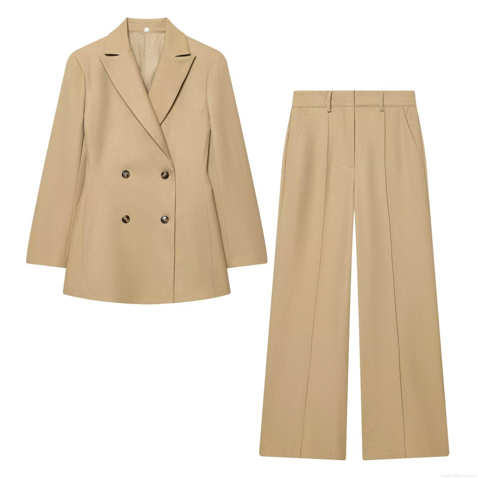 Women's Double Breasted Blazer and High Waist Wide Leg Pants Set Polyester Casual Office Streetwear Two Piece Suit Outfit For Lady