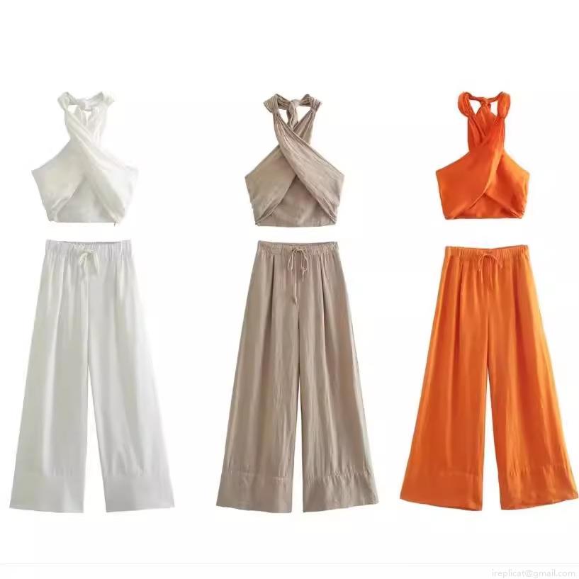 Women's 2 Piece Vacation Set Halter Cross Wrap Crop Top and High Waist Wide Leg Pants 100% Polyester Linen Texture Summer Beach Outfit Women's 2 Piece Vacation Set Halter Cross Wrap Crop Top and High Waist Wide Leg Pants 100% Polyester Linen Texture Summer Beach Outfit