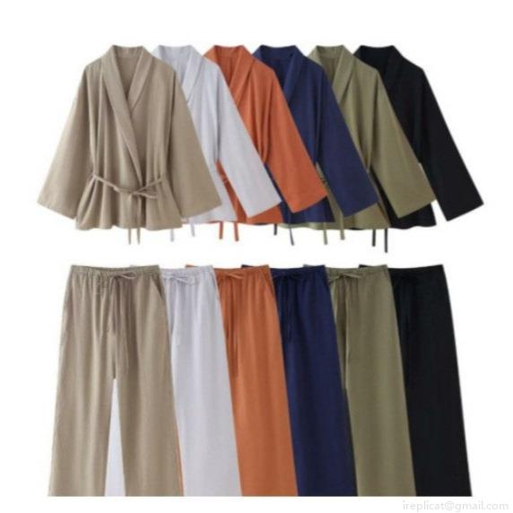 Women's Casual Kimono Tie Wrap Top And Wide Leg Pants Set 100% Polyester Linen Texture Breathable Two Piece Lounge Outfit For Vacation Summer Daily Wear Women's Casual Kimono Tie Wrap Top And Wide Leg Pants Set 100% Polyester Linen Texture Breathable Two Piece Lounge Outfit For Vacation Summer Daily Wear