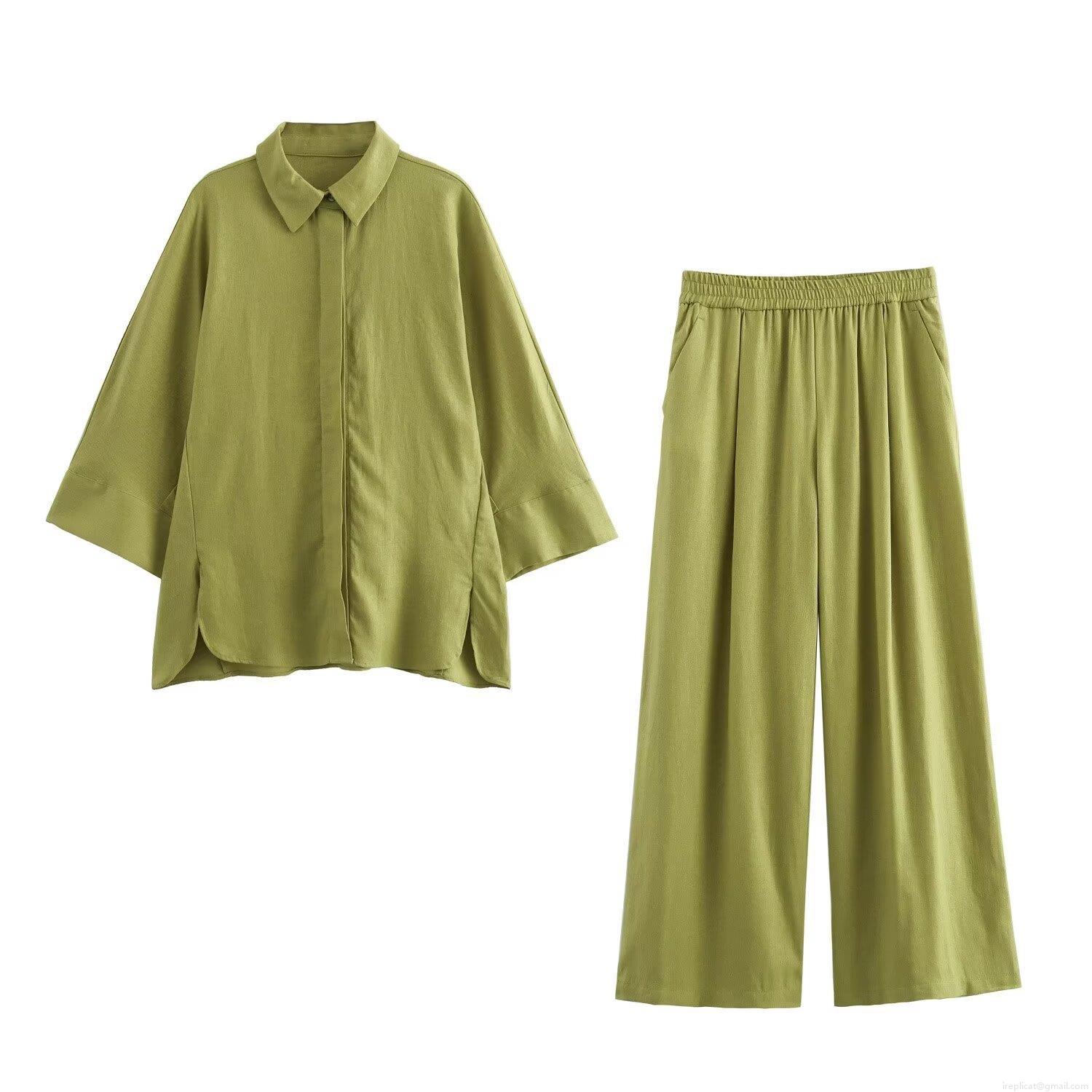 Minimalist Women\'s Pants Set Linen Blend Long Sleeve Button Down Slit Shirt Elastic Waist Wide Leg Trousers Casual Summer Vacation Two Piece Outfits