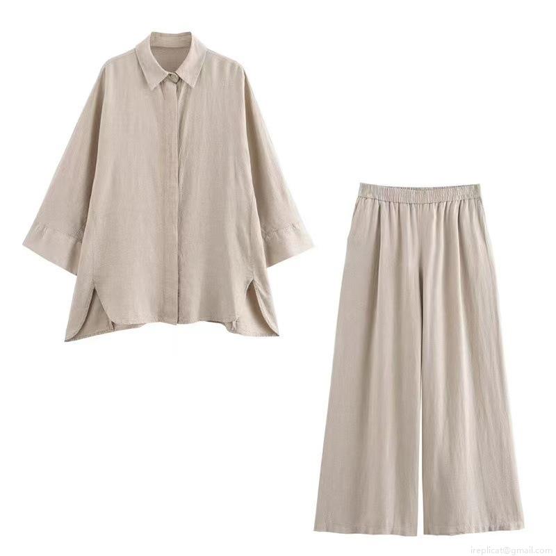 Minimalist Women\'s Pants Set Linen Blend Long Sleeve Button Down Slit Shirt Elastic Waist Wide Leg Trousers Casual Summer Vacation Two Piece Outfits