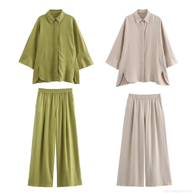 Minimalist Women\'s Pants Set Linen Blend Long Sleeve Button Down Slit Shirt Elastic Waist Wide Leg Trousers Casual Summer Vacation Two Piece Outfits