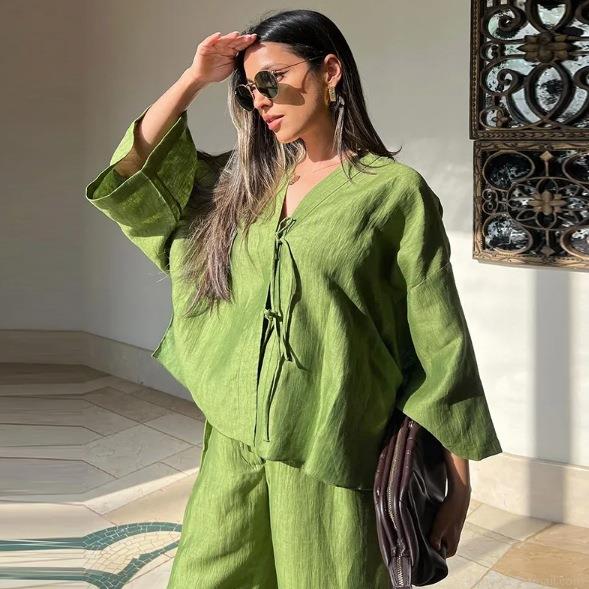 Women Casual Two-Piece Sets Linen Texture Flare Sleeve Tie-Up V-Neck Top And High Waist Wide Leg Pants Vacation Outfits Lady Summer Suit Women Casual Two-Piece Sets Linen Texture Flare Sleeve Tie-Up V-Neck Top And High Waist Wide Leg Pants Vacation Outfits Lady Summer Suit