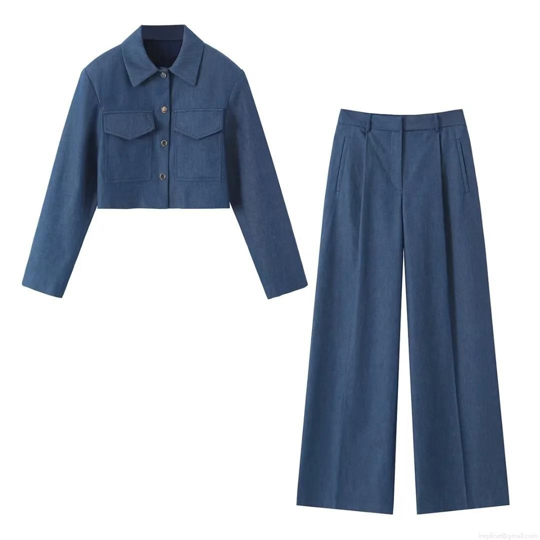 Women Two Piece Set Solid Blue Denim Style Short Jacket And High Waist Wide Leg Pants Polyester Elegant Office Lady Streetwear Long Sleeve Outfit Women Two Piece Set Solid Blue Denim Style Short Jacket And High Waist Wide Leg Pants Polyester Elegant Office Lady Streetwear Long Sleeve Outfit