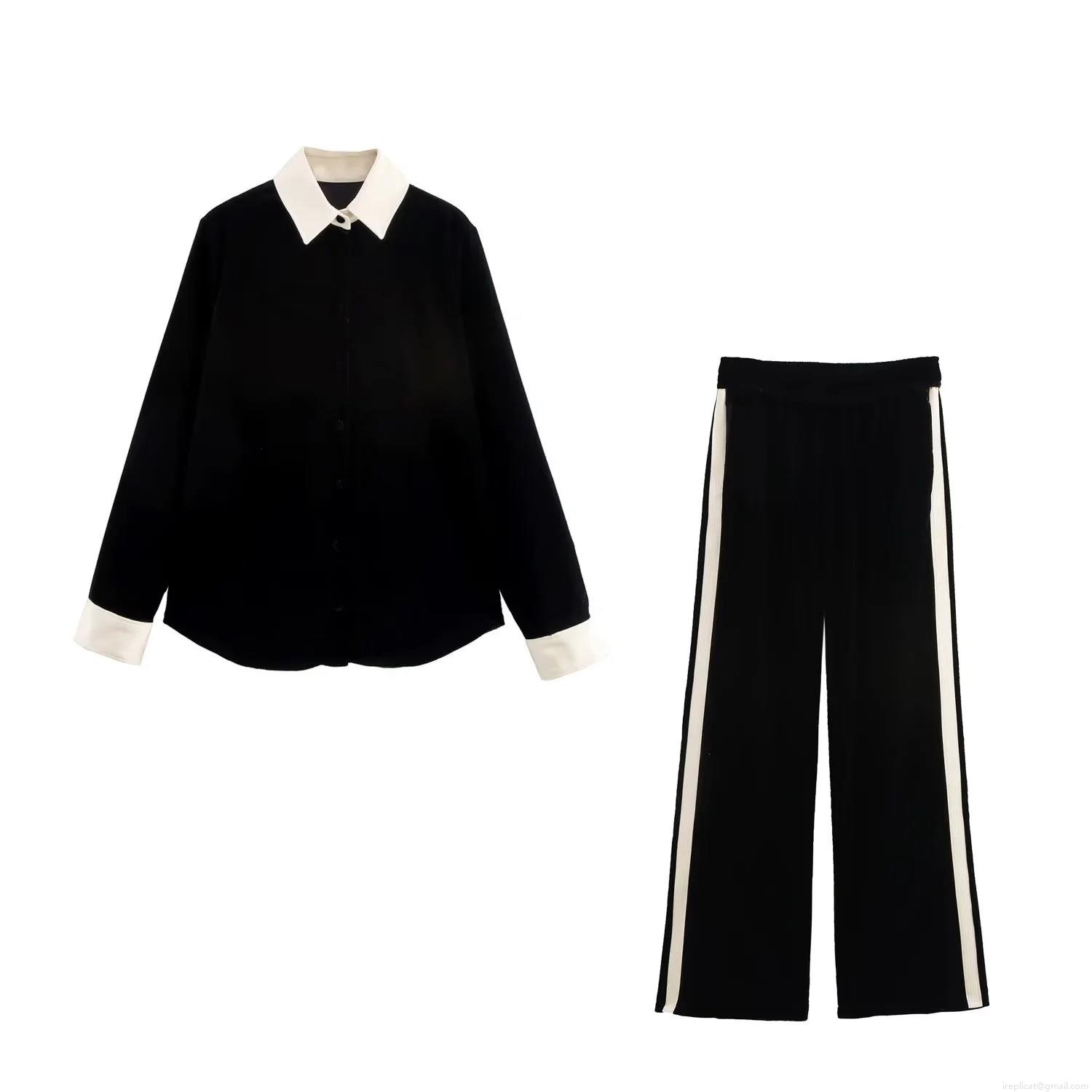 Women Elegant Velvet Two Piece Set Long Sleeve Contrast Collar Shirt And Wide Leg Side Stripe Pants Casual Velour Co-ord Suits For Autumn Winter Women Women Elegant Velvet Two Piece Set Long Sleeve Contrast Collar Shirt And Wide Leg Side Stripe Pants Casual Velour Co-ord Suits For Autumn Winter Women