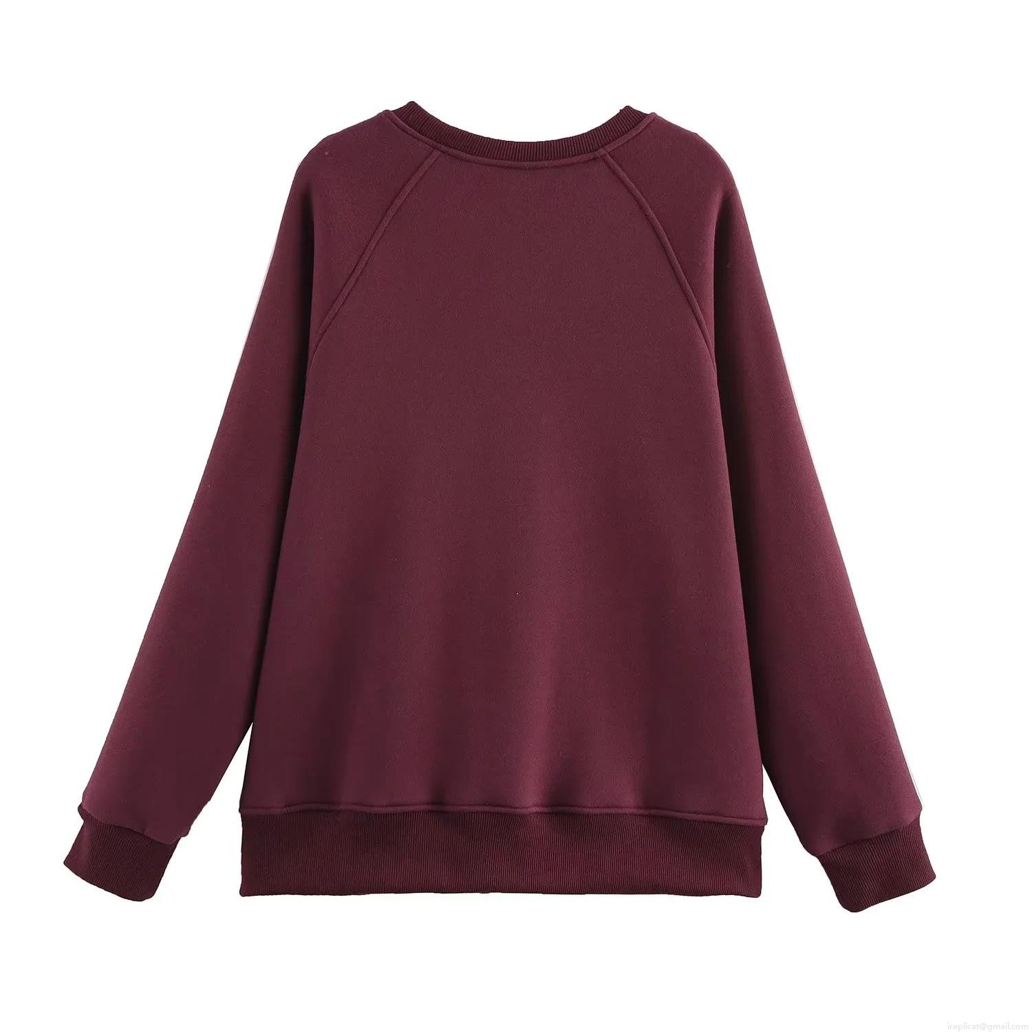 Women\'s Vintage Burgundy Fleece Sweatshirt Pants Casual Set With White Lace Patchwork Round Neck Long Sleeve Top And Wide Leg Side Stripe Trousers Letter Embroidery Loungewear