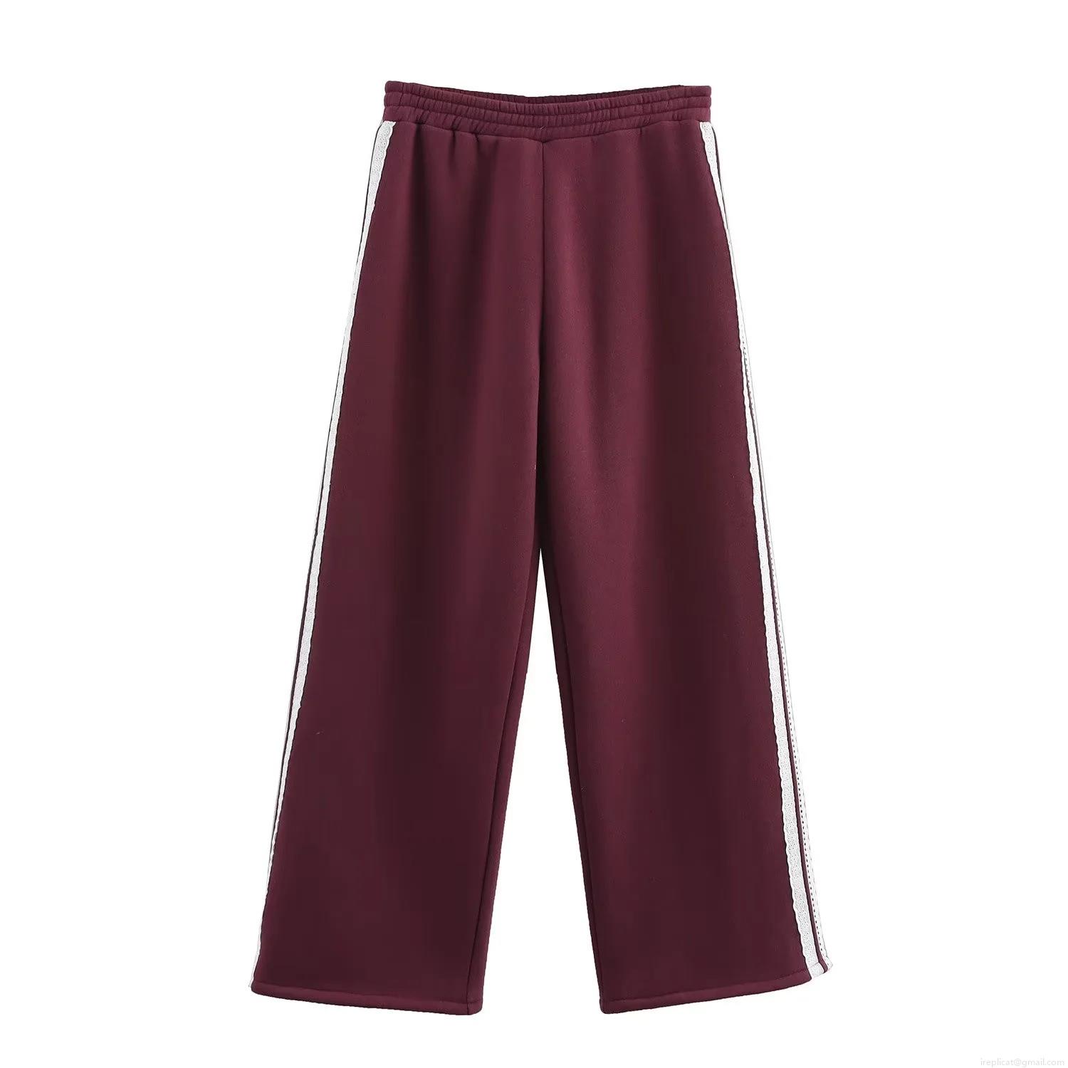 Women\'s Vintage Burgundy Fleece Sweatshirt Pants Casual Set With White Lace Patchwork Round Neck Long Sleeve Top And Wide Leg Side Stripe Trousers Letter Embroidery Loungewear