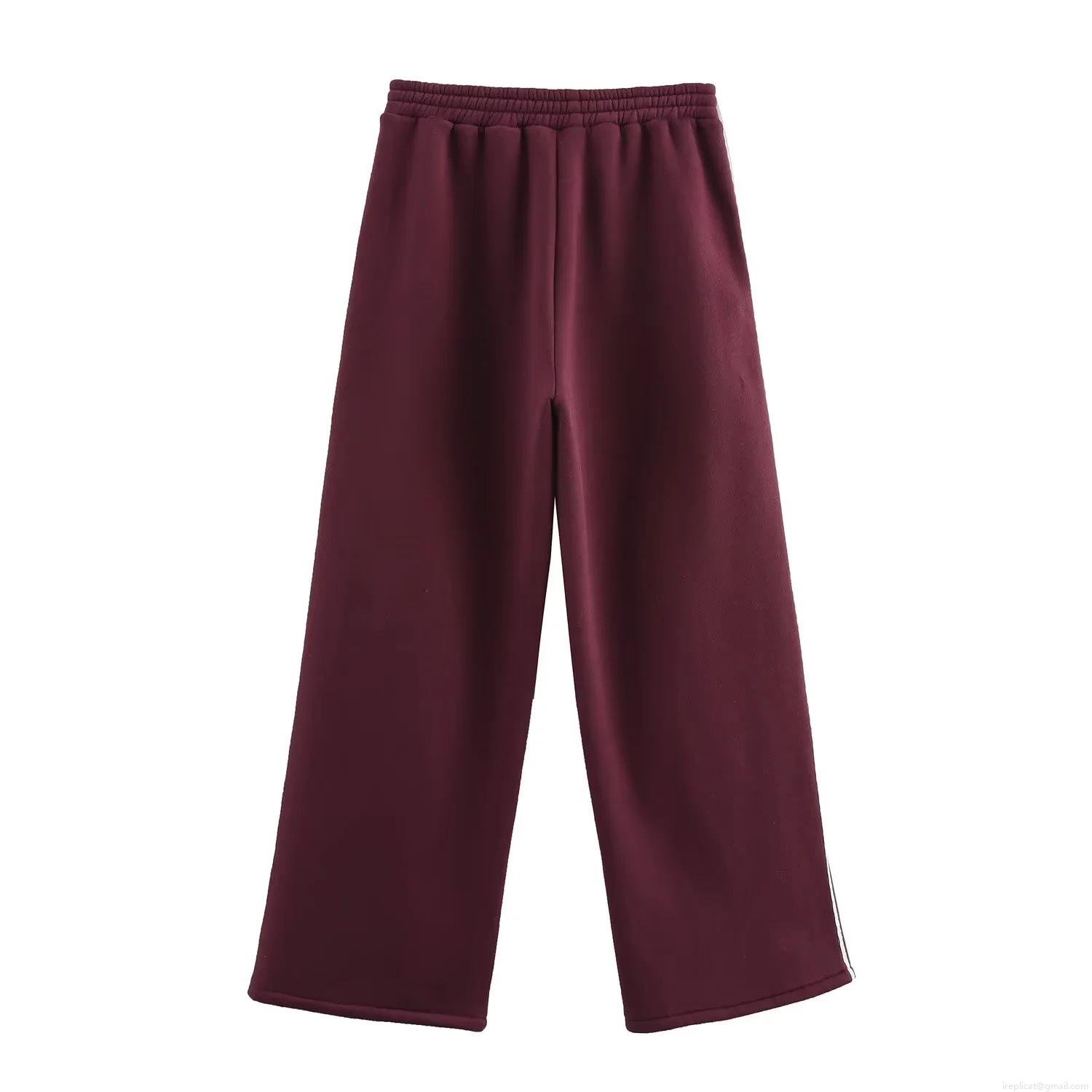 Women\'s Vintage Burgundy Fleece Sweatshirt Pants Casual Set With White Lace Patchwork Round Neck Long Sleeve Top And Wide Leg Side Stripe Trousers Letter Embroidery Loungewear