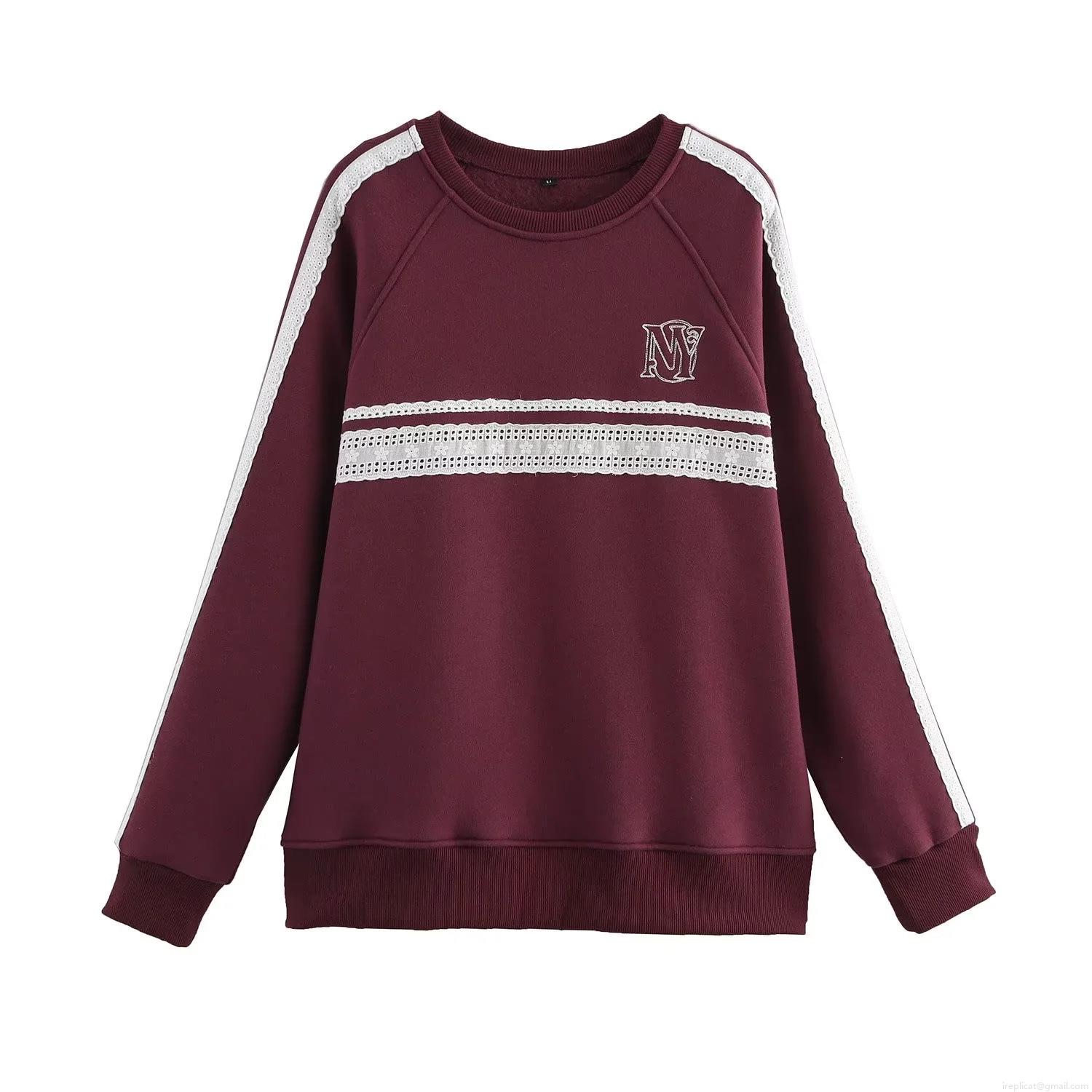 Women\'s Vintage Burgundy Fleece Sweatshirt Pants Casual Set With White Lace Patchwork Round Neck Long Sleeve Top And Wide Leg Side Stripe Trousers Letter Embroidery Loungewear