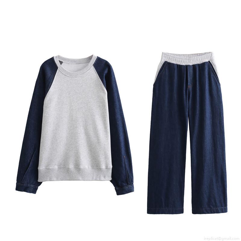 Women's Fashion Denim Patchwork Sweatshirt And Wide Leg Pants Set Casual Long Sleeve Contrast Color Knitting Top And Trousers Two Piece Outfits For Spring Autumn Women's Fashion Denim Patchwork Sweatshirt And Wide Leg Pants Set Casual Long Sleeve Contrast Color Knitting Top And Trousers Two Piece Outfits For Spring Autumn