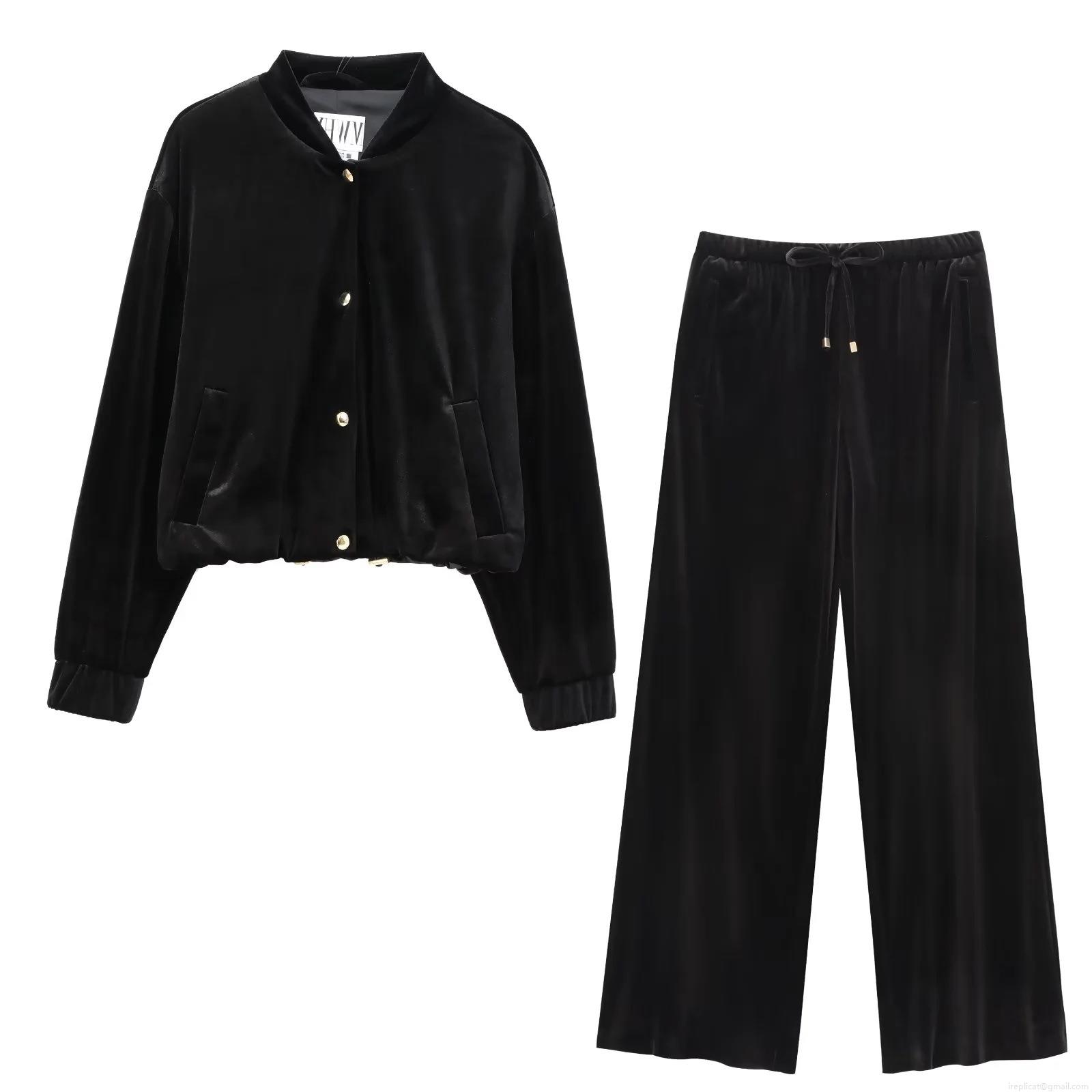 Women's Velvet Bomber Jacket And Wide Leg Pants Set Solid Color Gold Buttons Casual Two Piece Outfits For Streetwear Party Women's Velvet Bomber Jacket And Wide Leg Pants Set Solid Color Gold Buttons Casual Two Piece Outfits For Streetwear Party