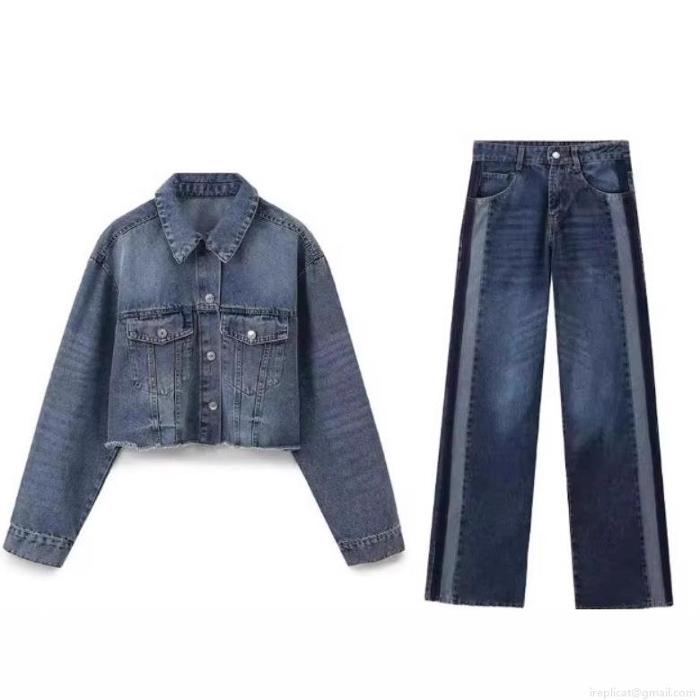Women Fashion Denim Two Piece Set Cropped Denim Jacket And High Waist Wide Leg Side Panel Jeans Pants Streetwear Matching Outfits Cotton Blend Blue Women Fashion Denim Two Piece Set Cropped Denim Jacket And High Waist Wide Leg Side Panel Jeans Pants Streetwear Matching Outfits Cotton Blend Blue