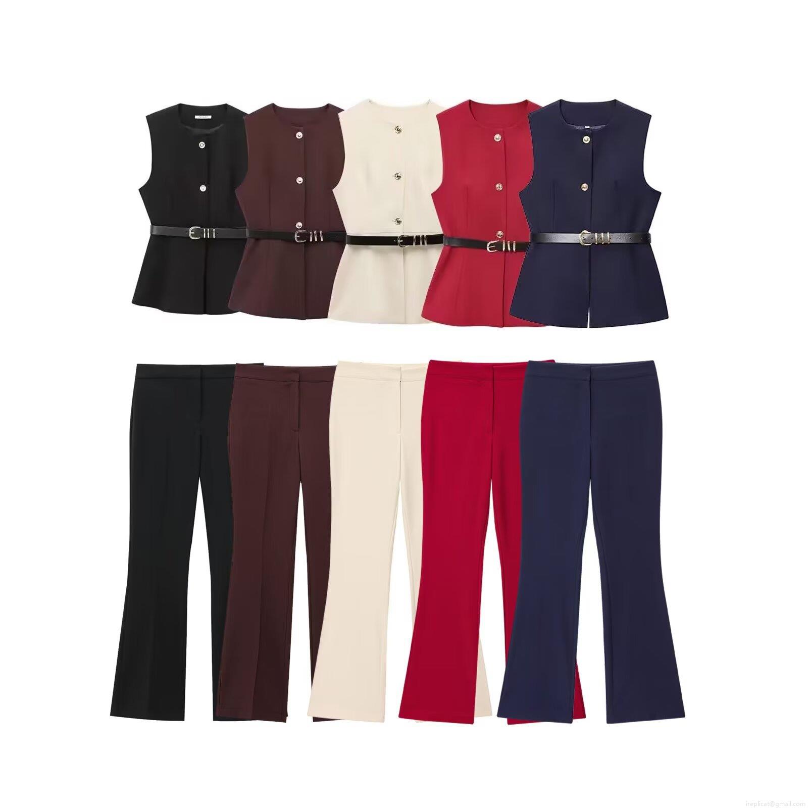 Women 2-Piece Business Suit Set Sleeveless Peplum Vest With Belt And High Waist Flare Pants Polyester Twill Solid Color Elegant Office Lady Streetwear Outfit Women 2-Piece Business Suit Set Sleeveless Peplum Vest With Belt And High Waist Flare Pants Polyester Twill Solid Color Elegant Office Lady Streetwear Outfit
