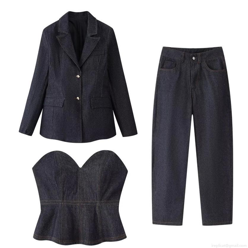 Women Fashion Dark Blue Denim 3-Piece Set With Blazer Bustier Corset Top And Wide Leg Trousers Casual Streetwear European American Style Indigo Denim Outfits For Women Women Fashion Dark Blue Denim 3-Piece Set With Blazer Bustier Corset Top And Wide Leg Trousers Casual Streetwear European American Style Indigo Denim Outfits For Women