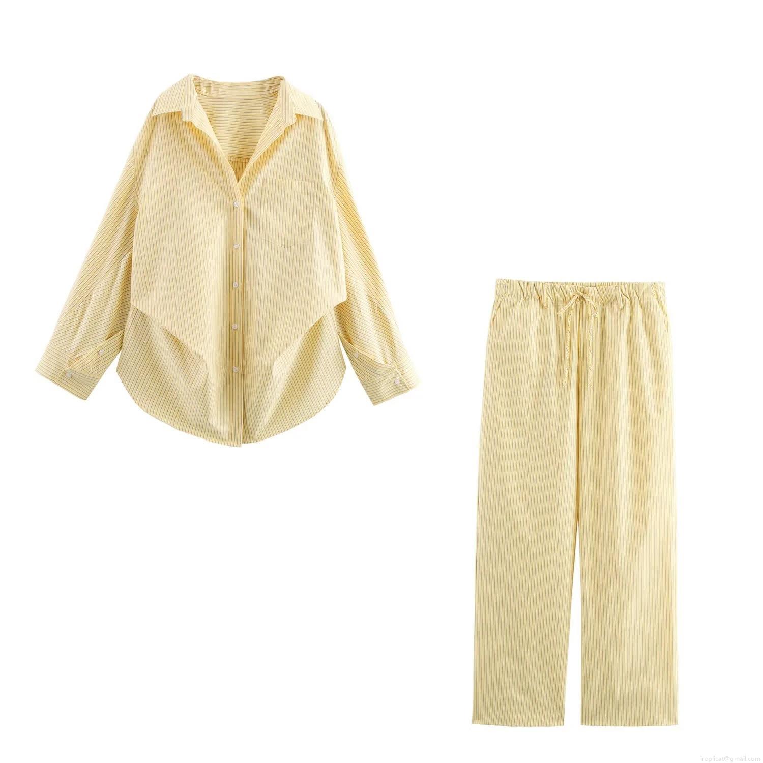Women's Casual Two Piece Set Yellow Vertical Striped Long Sleeve Button Down Shirt And High Waist Wide Leg Pants Loose Poplin Streetwear Outfits For Women Women's Casual Two Piece Set Yellow Vertical Striped Long Sleeve Button Down Shirt And High Waist Wide Leg Pants Loose Poplin Streetwear Outfits For Women