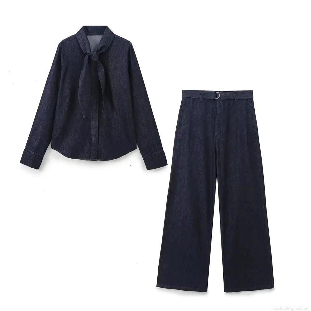 Women's Denim Suit Set Long Sleeve Bow Tie Shirt and High Waist Wide Leg Pants with Belt Two Piece Streetwear Casual Denim Outfit for Women Women's Denim Suit Set Long Sleeve Bow Tie Shirt and High Waist Wide Leg Pants with Belt Two Piece Streetwear Casual Denim Outfit for Women