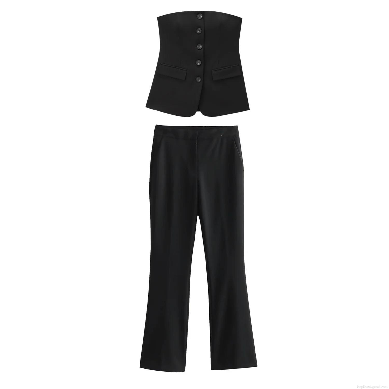 Sexy Women's Two Piece Set Off-Shoulder 5-Button Vest Top And High Waisted Flare Pants Slim Fit Polyester Woven Suit For Business Casual Party Streetwear Elegant Black Office Outfit Sexy Women's Two Piece Set Off-Shoulder 5-Button Vest Top And High Waisted Flare Pants Slim Fit Polyester Woven Suit For Business Casual Party Streetwear Elegant Black Office Outfit