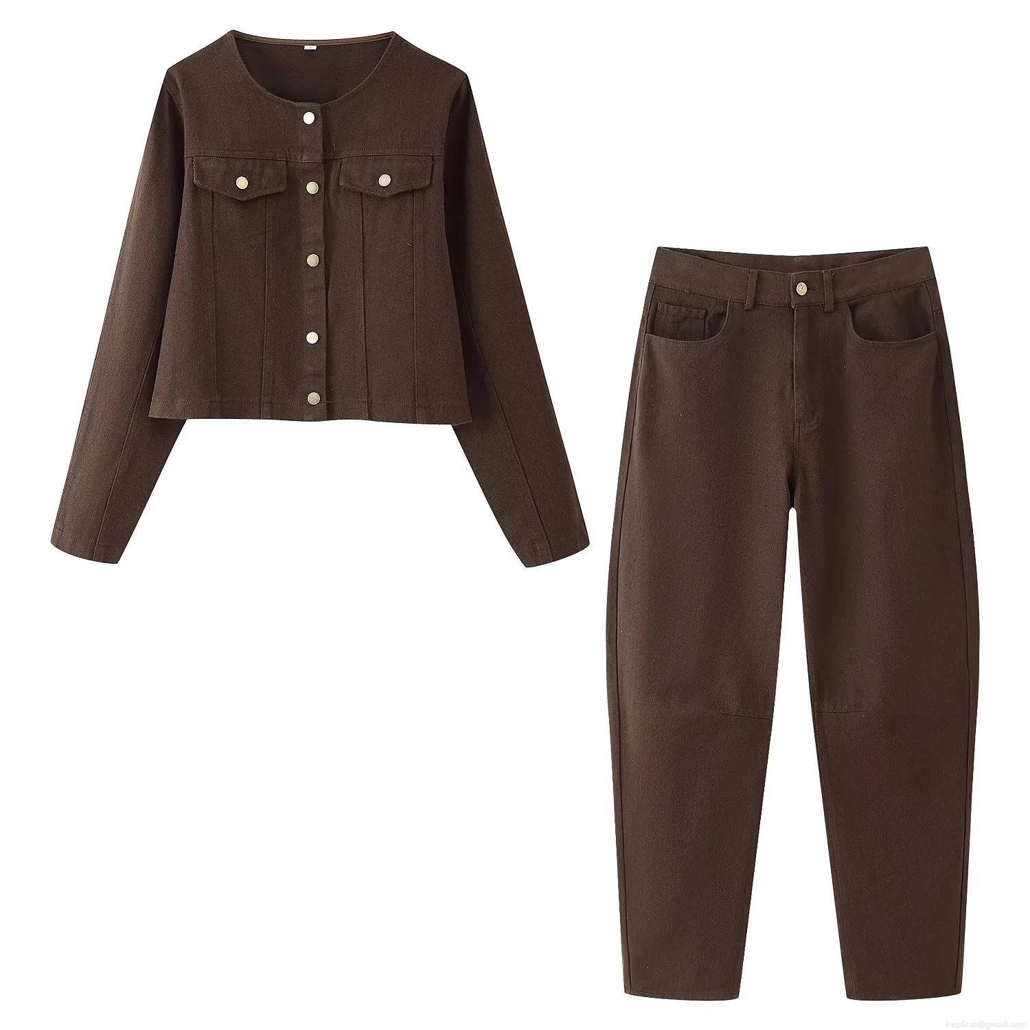 Women's Retro Dark Brown Denim Two Piece Outfits Single-Breasted Short Jacket And High Waist Wide Leg Pants Utility Style Streetwear Casual Suits Women's Retro Dark Brown Denim Two Piece Outfits Single-Breasted Short Jacket And High Waist Wide Leg Pants Utility Style Streetwear Casual Suits