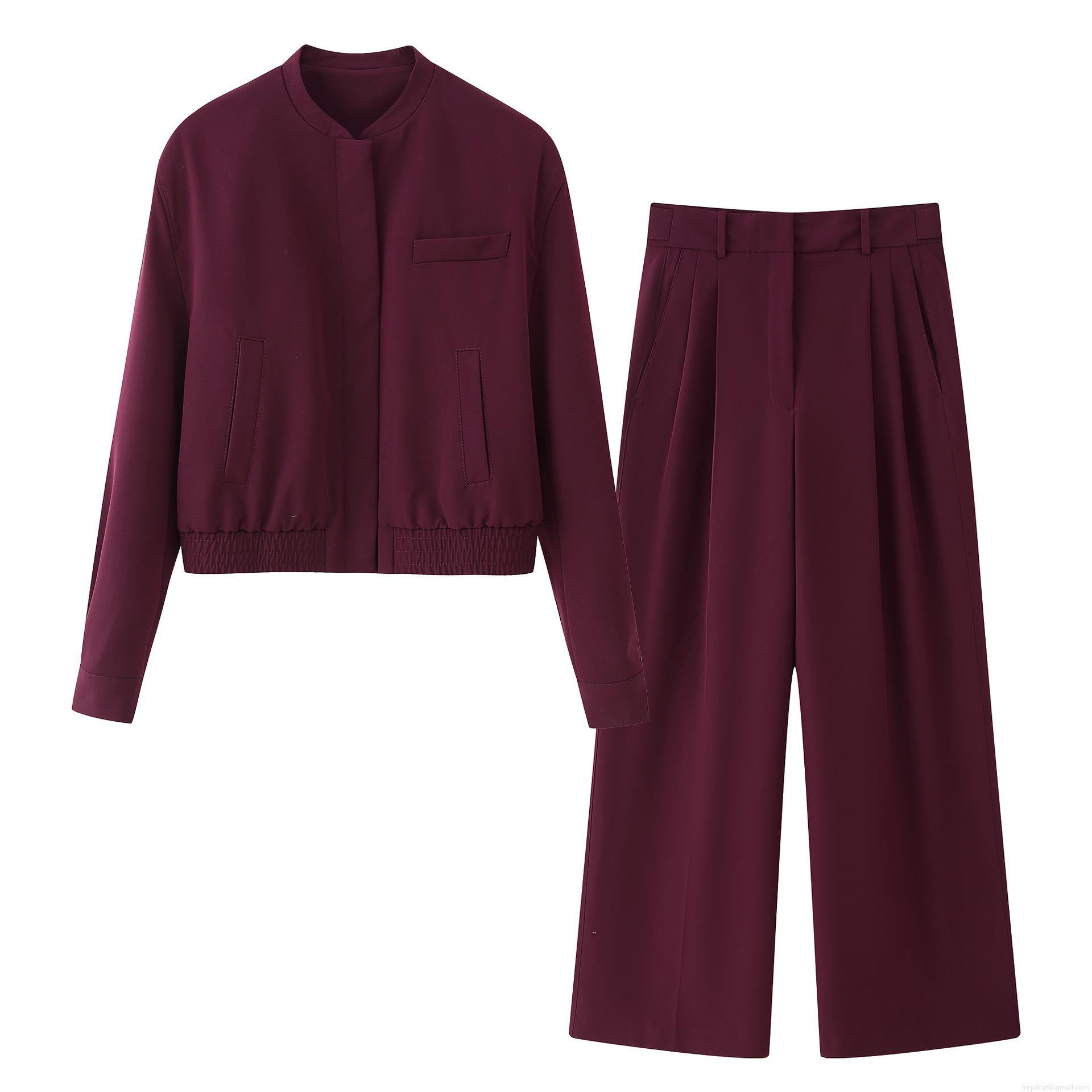 Women's 2-Piece Set Solid Burgundy Bomber Jacket Coat and High Waist Wide Leg Pleated Pants Casual Office Work Street Outfit Suits Women's 2-Piece Set Solid Burgundy Bomber Jacket Coat and High Waist Wide Leg Pleated Pants Casual Office Work Street Outfit Suits