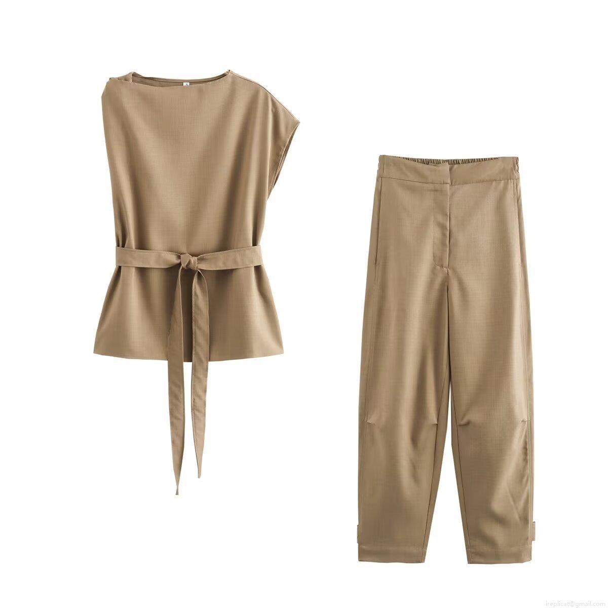 Women's Two Piece Casual Outfits 100% Polyester Woven Sleeveless Waist Tie Vest Top And High Waist Straight Leg Pants Set Khaki Solid Color Streetwear Commuter Suit Women's Two Piece Casual Outfits 100% Polyester Woven Sleeveless Waist Tie Vest Top And High Waist Straight Leg Pants Set Khaki Solid Color Streetwear Commuter Suit