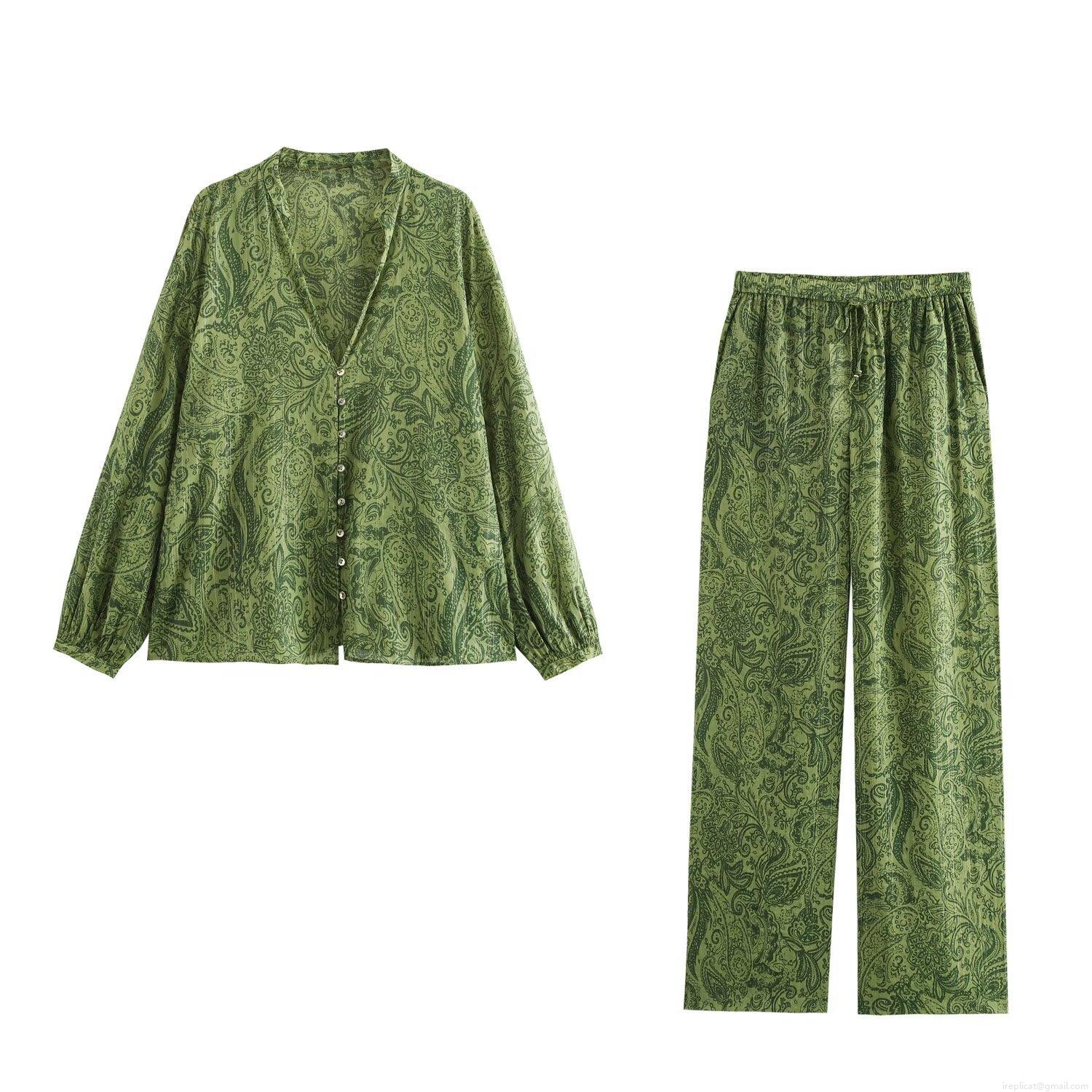 Women's Casual Green Paisley Print Two Piece Set Polyester Metallic Thread Long Sleeve Button Down Shirt And Wide Leg Pants Streetwear Outfit Women's Casual Green Paisley Print Two Piece Set Polyester Metallic Thread Long Sleeve Button Down Shirt And Wide Leg Pants Streetwear Outfit