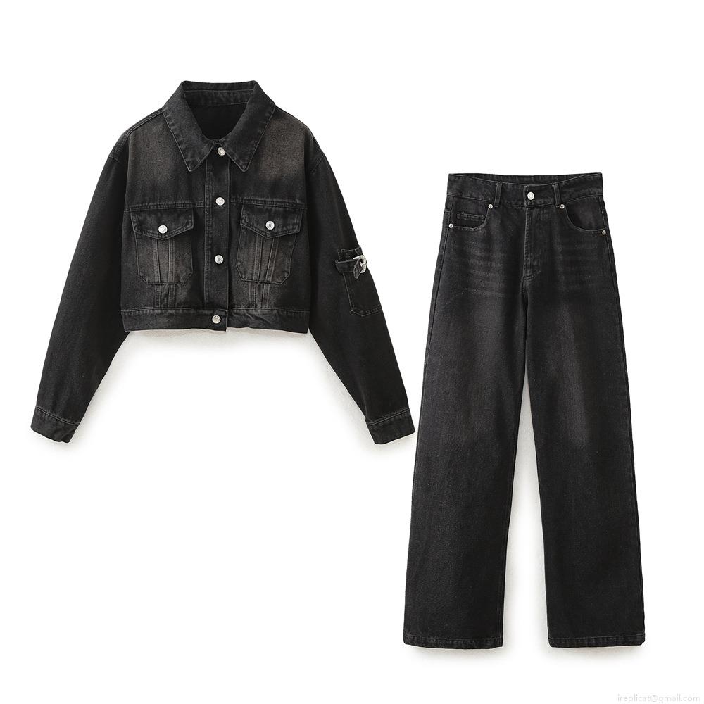 Women's Washed Black Denim Two-Piece Set 100% Cotton Streetwear Distressed Cropped Jacket And High Waist Wide Leg Pants Outfits Women's Washed Black Denim Two-Piece Set 100% Cotton Streetwear Distressed Cropped Jacket And High Waist Wide Leg Pants Outfits