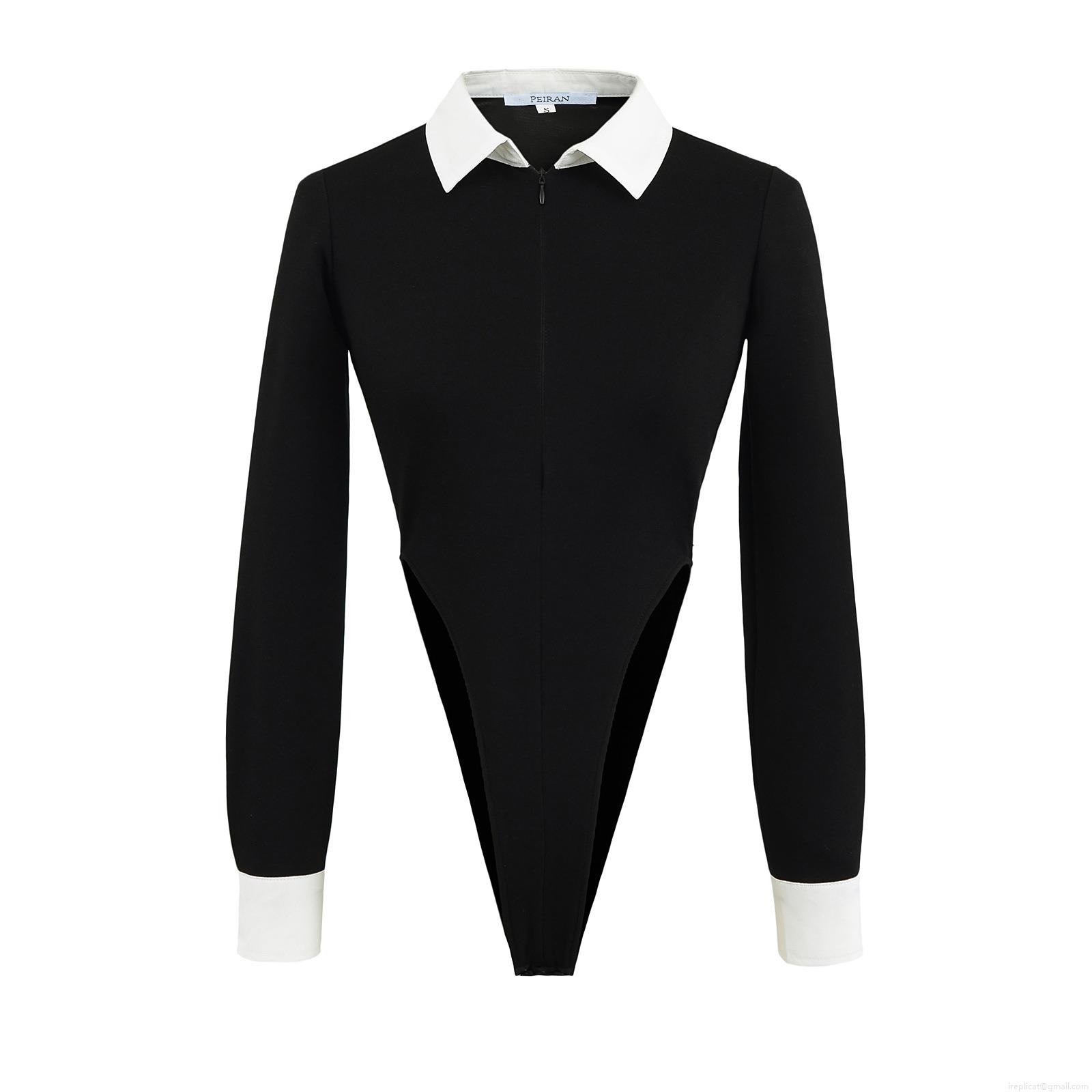 Women's Contrast Color Two Piece Set Lapel Long Sleeve Zipper Bodysuit and High Waist Straight Leg Pants with Metal Buckle Casual Streetwear Suits Women's Contrast Color Two Piece Set Lapel Long Sleeve Zipper Bodysuit and High Waist Straight Leg Pants with Metal Buckle Casual Streetwear Suits