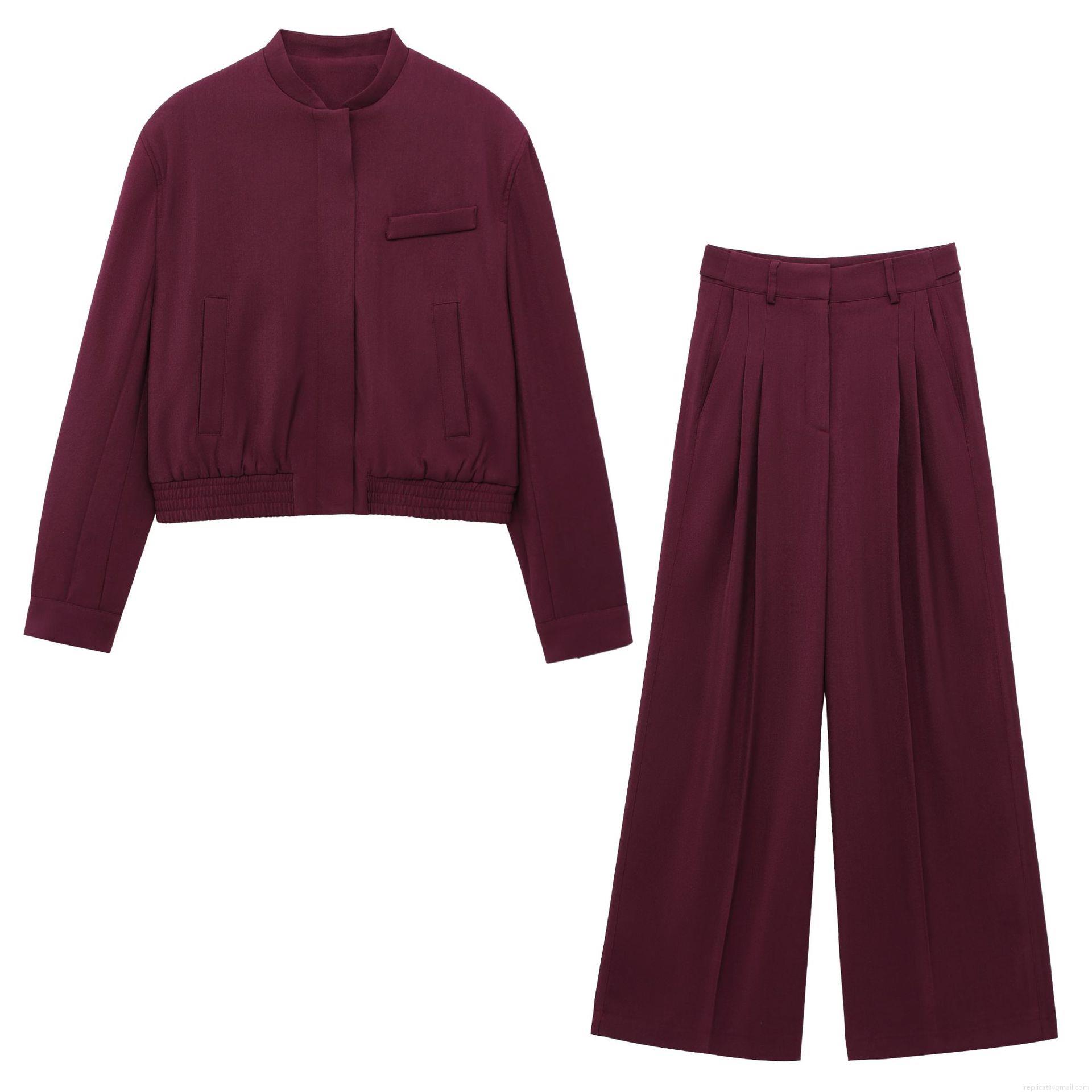 Women's Two Piece Set Wine Red Flight Jacket and Wide Leg Pants Casual Streetwear Polyester Twill Matching Outfits Suit For Women Women's Two Piece Set Wine Red Flight Jacket and Wide Leg Pants Casual Streetwear Polyester Twill Matching Outfits Suit For Women