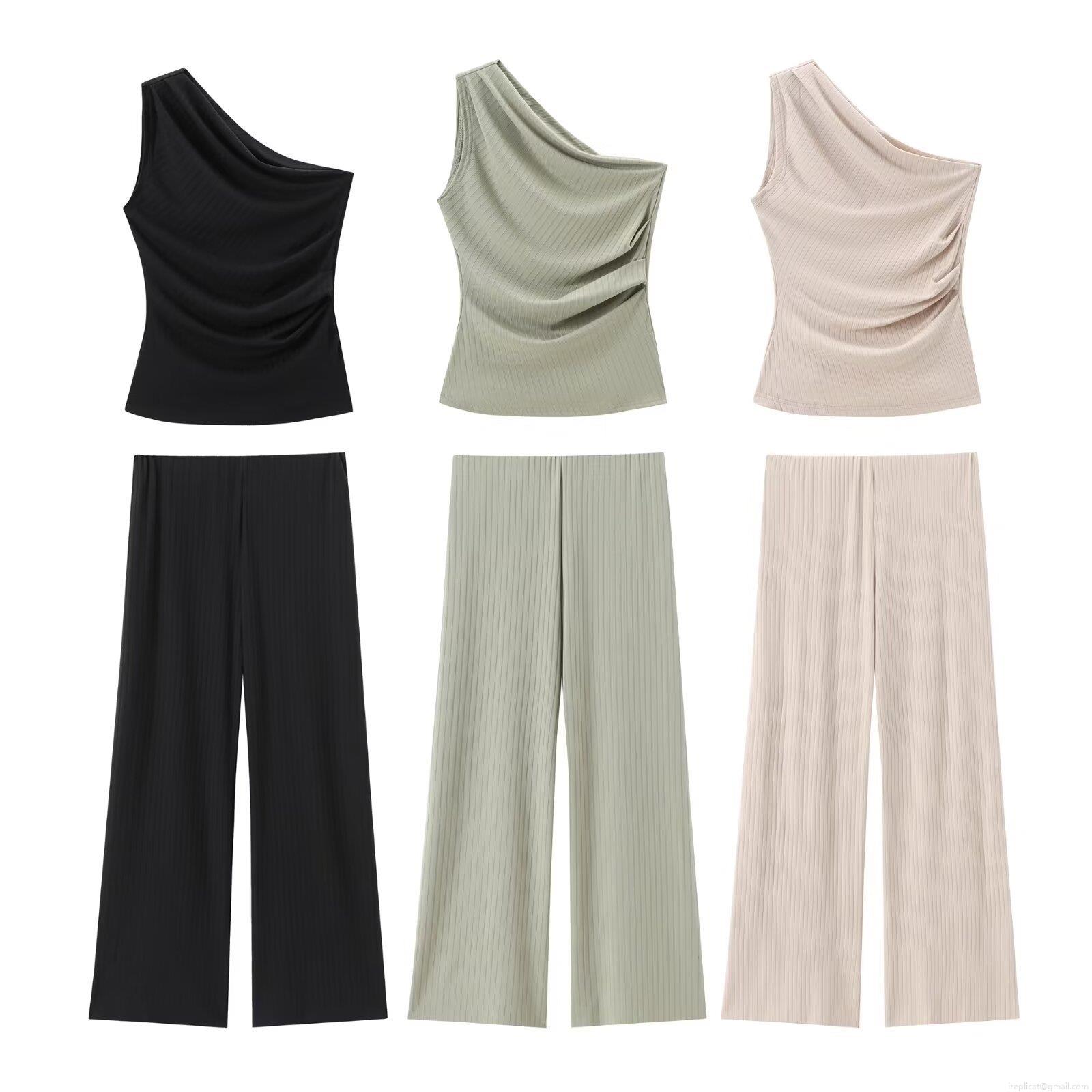 Women\'s Ribbed Knit Two Piece Set One Shoulder Asymmetric Top And Wide Leg Pants High Waist Ruched Slim Fit Lounge Streetwear For Women Summer Vacation Outfit