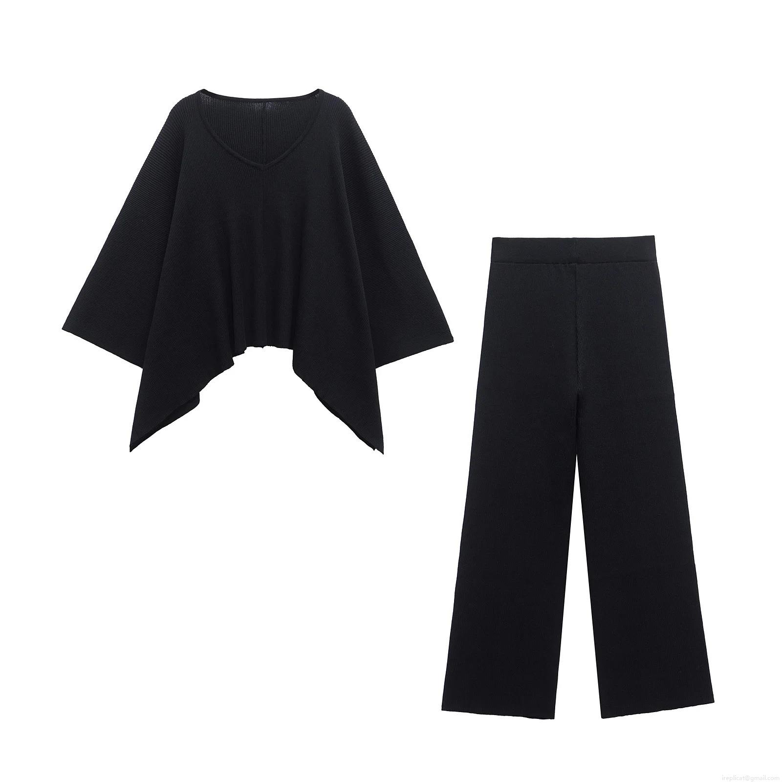 Women\'s Ribbed Knit V-Neck Batwing Sleeve Top And Wide Leg Pants Two Piece Set Casual Loose Lounge Matching Outfit Women\'s Ribbed Knit V-Neck Batwing Sleeve Top And Wide Leg Pants Two Piece Set Casual Loose Lounge Matching Outfit