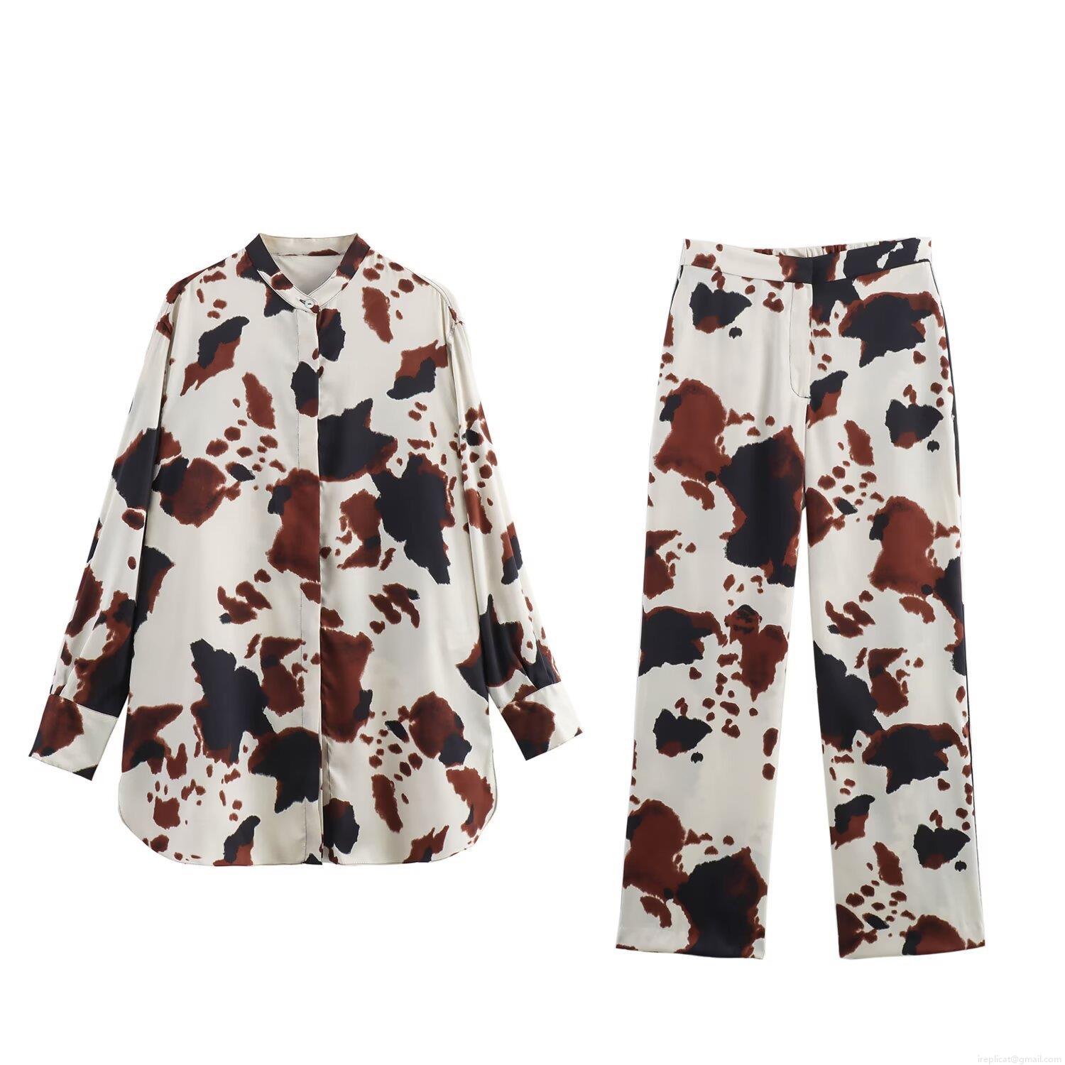 Women's Cow Print Satin Shirt And Pants Set Long Sleeve Button Down Lapel Top Straight Leg Trousers Casual Two Piece Lounge Outfit Women's Cow Print Satin Shirt And Pants Set Long Sleeve Button Down Lapel Top Straight Leg Trousers Casual Two Piece Lounge Outfit
