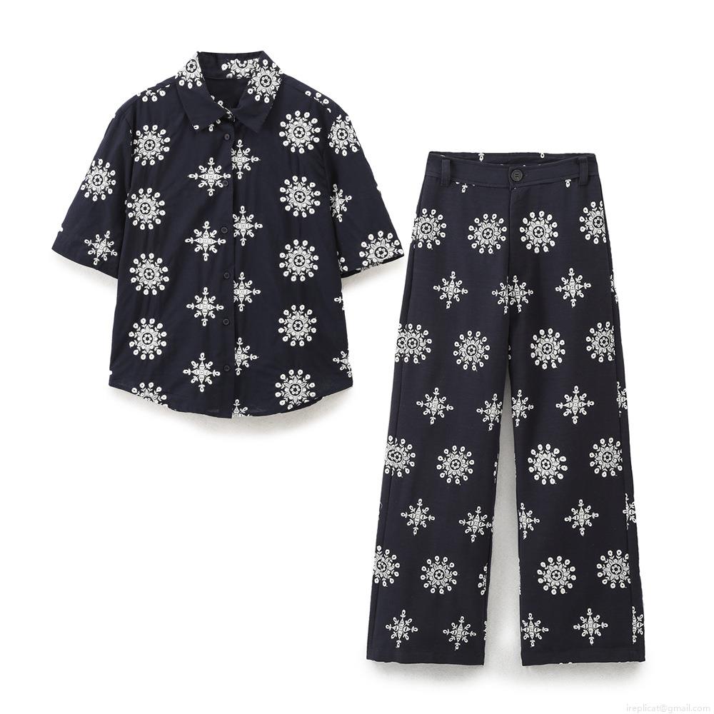 Women's Bohemian Cotton Blend Two-Piece Set Mandala Embroidery Short Sleeve Button Down Shirt and Wide Leg Pants Ethnic Print Casual Summer Outfit Women's Bohemian Cotton Blend Two-Piece Set Mandala Embroidery Short Sleeve Button Down Shirt and Wide Leg Pants Ethnic Print Casual Summer Outfit