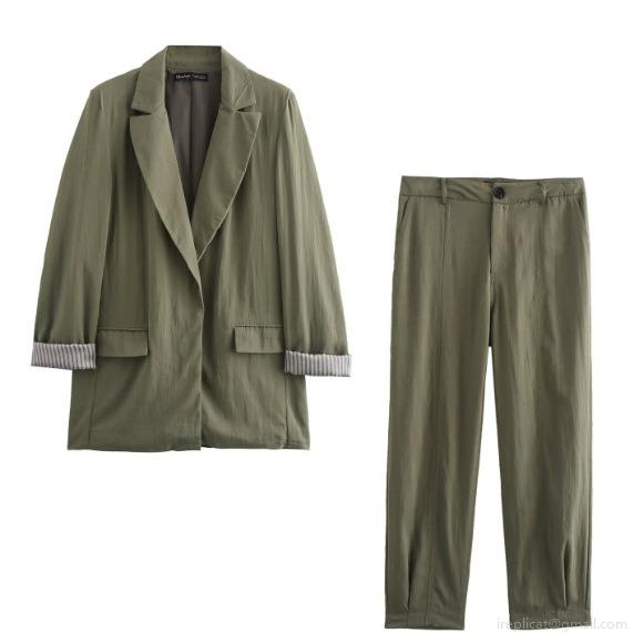 Women Casual Blazer Suit Two Piece Set Long Sleeve Roll-up Stripe Cuffs Jacket and High Waist Straight Leg Pants Olive Green Streetwear Outfit Women Casual Blazer Suit Two Piece Set Long Sleeve Roll-up Stripe Cuffs Jacket and High Waist Straight Leg Pants Olive Green Streetwear Outfit