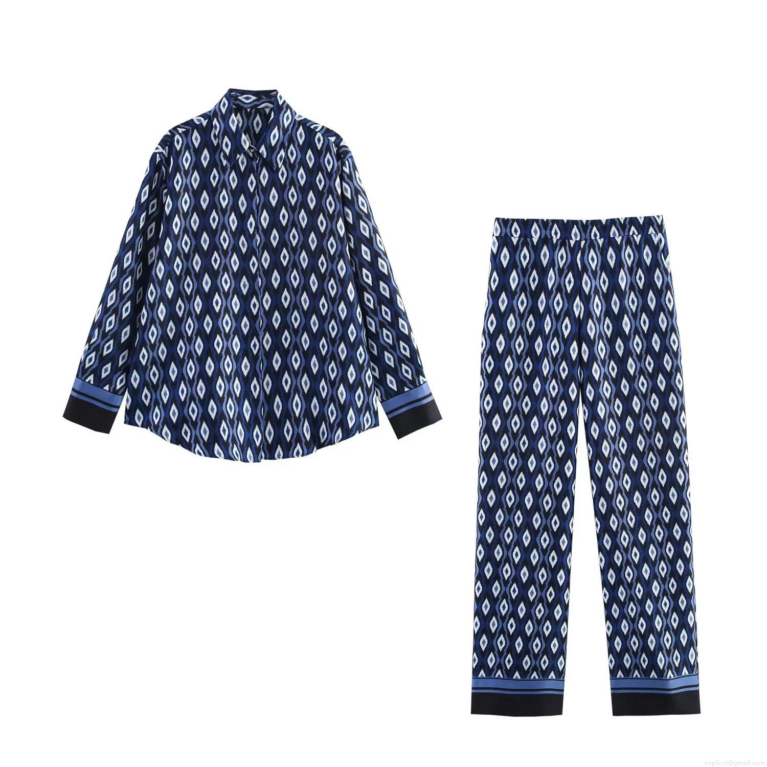Women's Geometric Diamond Print Satin Two Piece Set Long Sleeve Lapel Shirt And High Waist Wide Leg Pants Streetwear Casual Bohemian Outfit