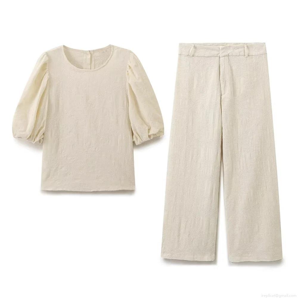Elegant Embroidery Jacquard Outfits For Women Vintage Puff Sleeve Round Neck Top Or High Waist Wide Leg Pants Casual Cotton Blend Suit Elegant Embroidery Jacquard Outfits For Women Vintage Puff Sleeve Round Neck Top Or High Waist Wide Leg Pants Casual Cotton Blend Suit