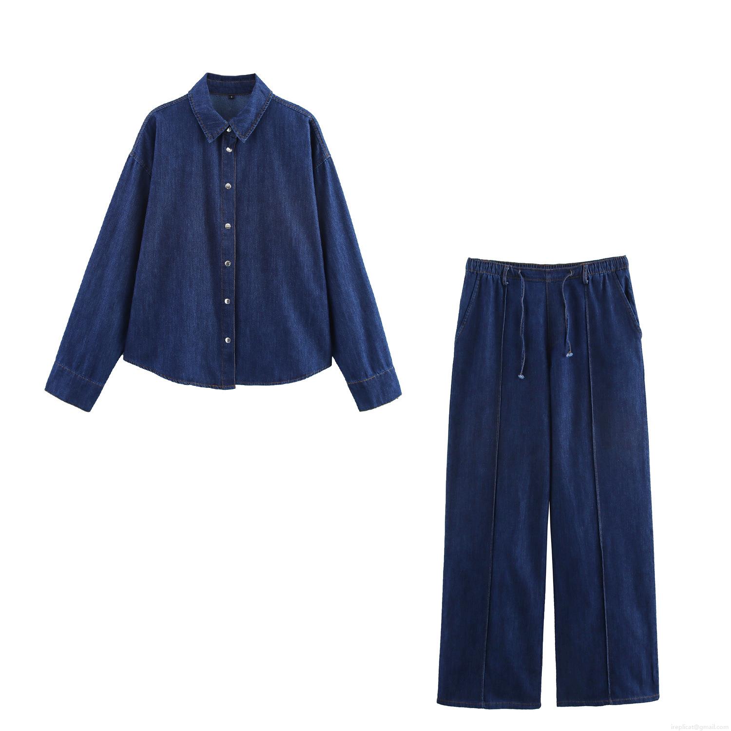 Women Denim Two Piece Set Casual Long Sleeve Button Down Shirt And Wide Leg Drawstring Pants Loose Streetwear Dark Blue Cotton Blend Denim Outfits Women Denim Two Piece Set Casual Long Sleeve Button Down Shirt And Wide Leg Drawstring Pants Loose Streetwear Dark Blue Cotton Blend Denim Outfits