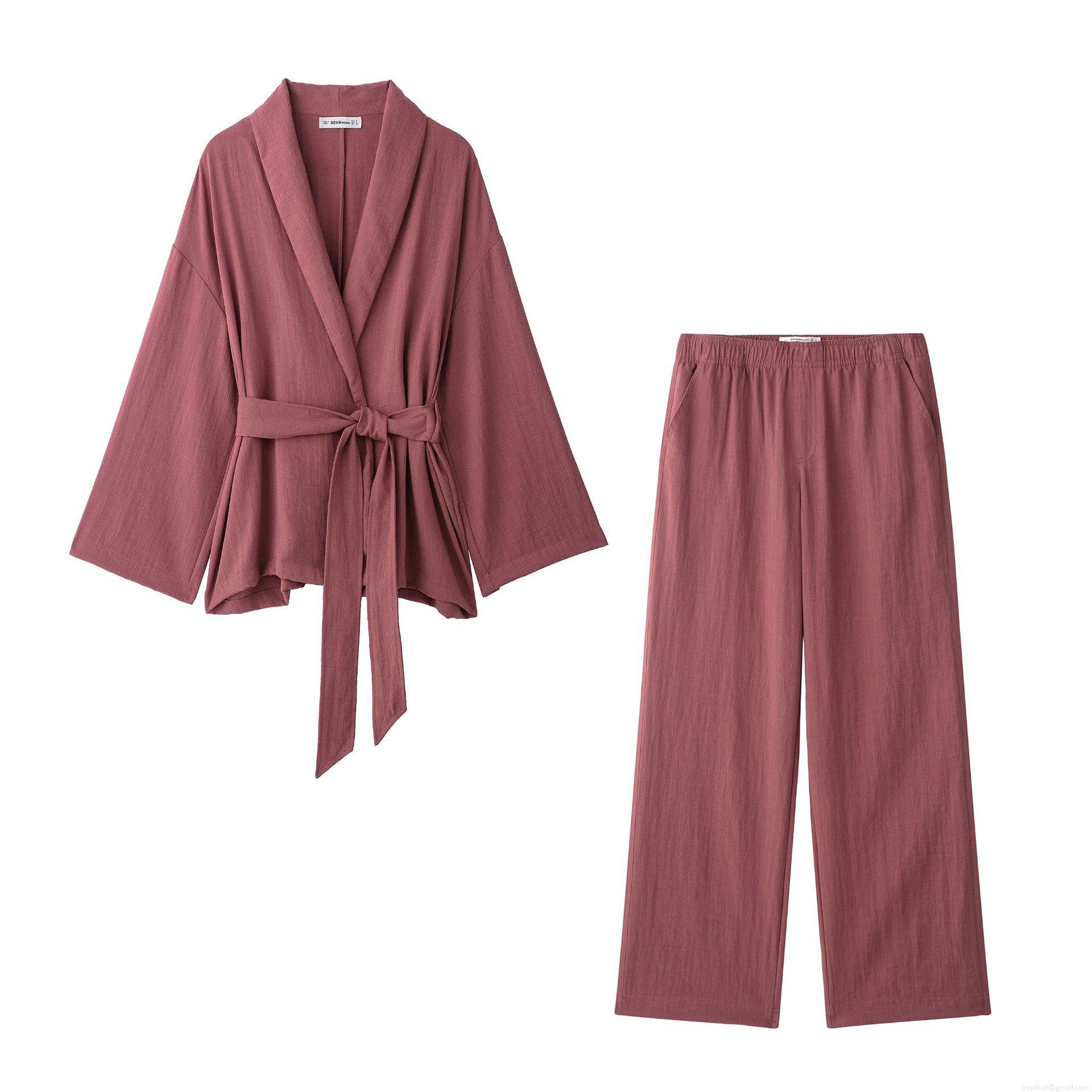 Women's Two Piece Outfits Kimono Jacket with Belt and Flare Pants Set Solid Color Long Sleeve Wide Leg Trousers Loungewear Casual Streetwear Sets Women's Two Piece Outfits Kimono Jacket with Belt and Flare Pants Set Solid Color Long Sleeve Wide Leg Trousers Loungewear Casual Streetwear Sets