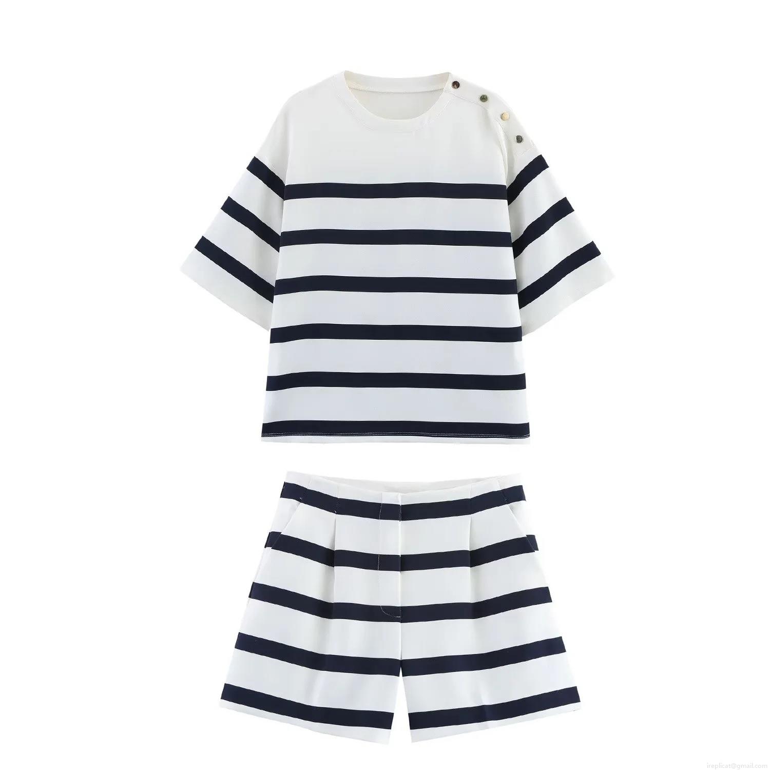 Women's Casual Striped Short Sleeve Top With Metal Buttons And High Waist Striped Shorts Two Piece Polyester Set Summer Loungewear Streetwear Women's Casual Striped Short Sleeve Top With Metal Buttons And High Waist Striped Shorts Two Piece Polyester Set Summer Loungewear Streetwear