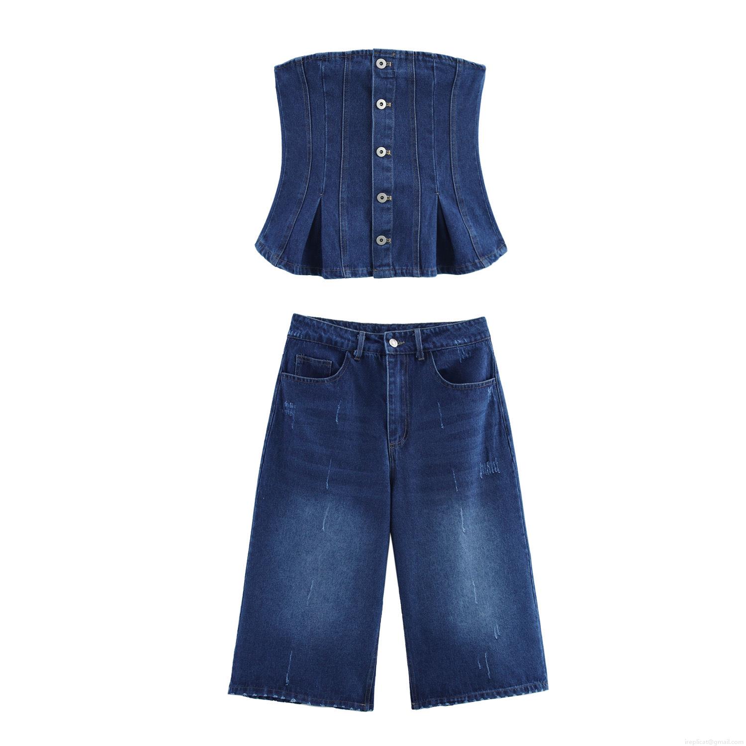 Women Denim Two Piece Set Cotton Blend Sexy Corset Top and High Waist Wide Leg Shorts Summer Streetwear Fashion Outfit Set Women Denim Two Piece Set Cotton Blend Sexy Corset Top and High Waist Wide Leg Shorts Summer Streetwear Fashion Outfit Set