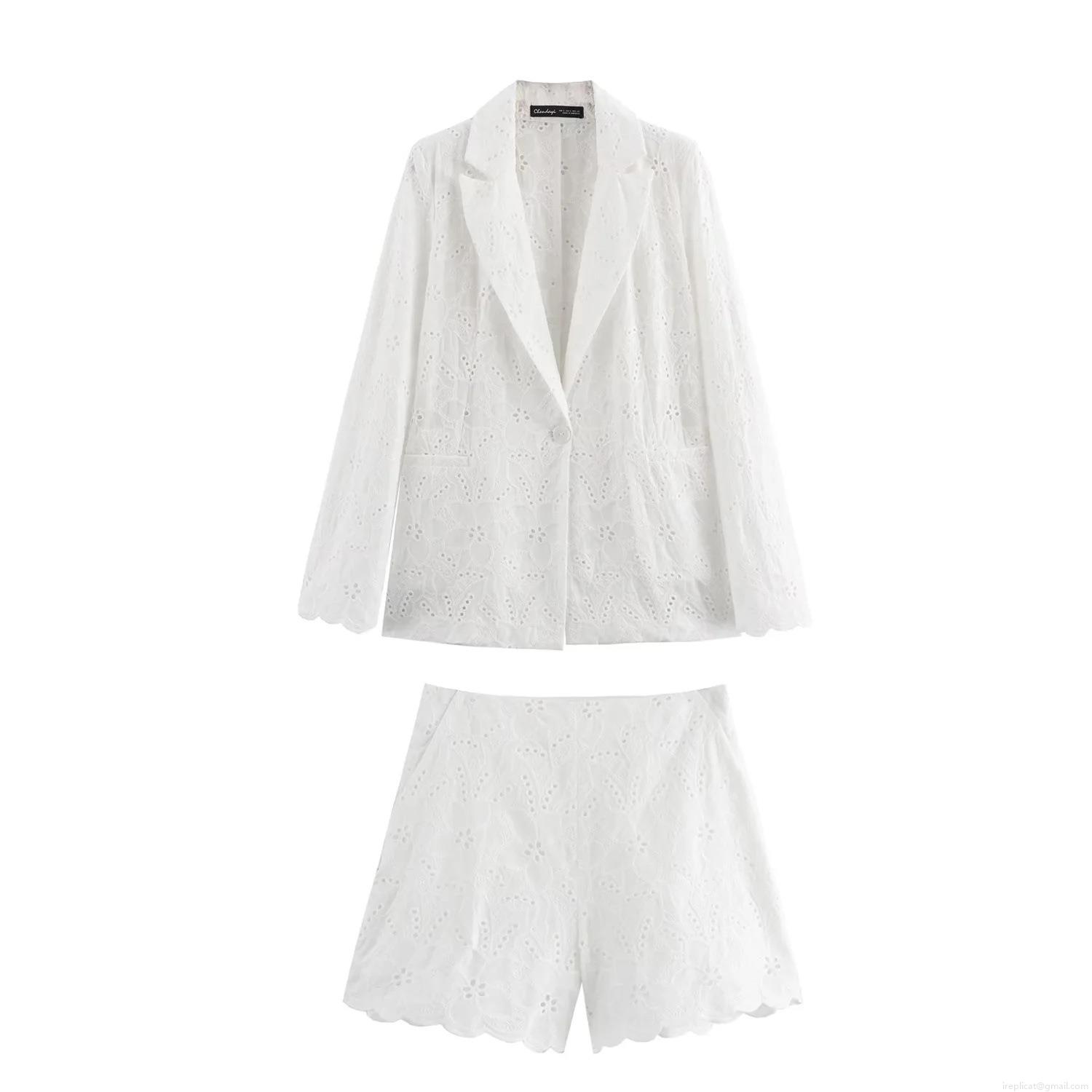 Women's Hollow Out Eyelet Embroidery Blazer Jacket And Shorts Two Piece Set Sexy White Long Sleeve Single Button Suit Coat Casual High Waist Shorts Elegant Streetwear Outfit Women's Hollow Out Eyelet Embroidery Blazer Jacket And Shorts Two Piece Set Sexy White Long Sleeve Single Button Suit Coat Casual High Waist Shorts Elegant Streetwear Outfit