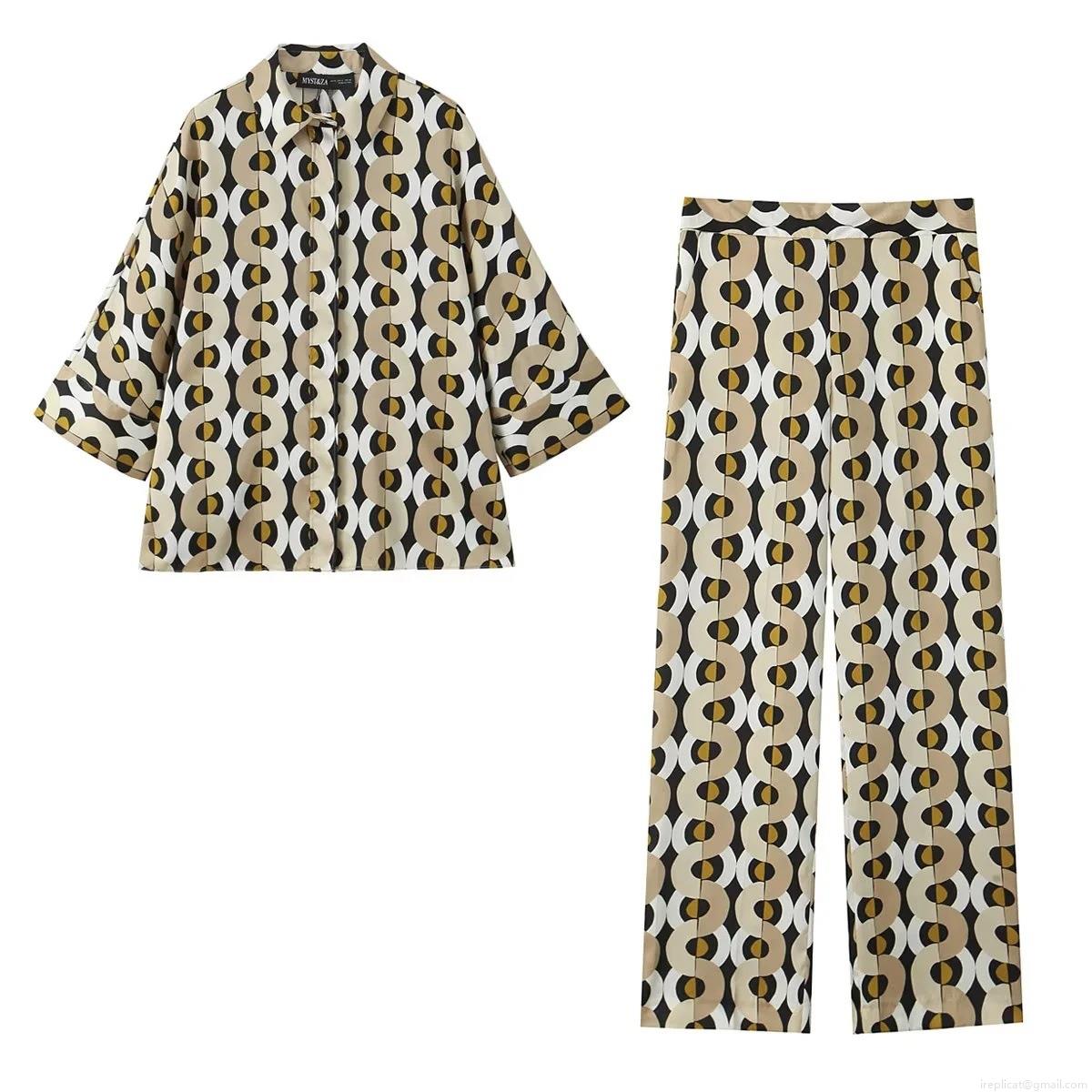 Women's Vintage Geometric Circle Print Two Piece Set Long Sleeve Button Up Lapel Shirt And High Waist Wide Leg Pants Casual Outfits Streetwear Loose Blouse Trouser Set Women's Vintage Geometric Circle Print Two Piece Set Long Sleeve Button Up Lapel Shirt And High Waist Wide Leg Pants Casual Outfits Streetwear Loose Blouse Trouser Set