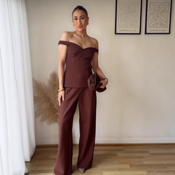 Women's 2 Piece Set Polyester Off-Shoulder V-Neck Corset Top And High Waist Wide Leg Pants Coffee Brown Elegant Streetwear Outfits For Women Women's 2 Piece Set Polyester Off-Shoulder V-Neck Corset Top And High Waist Wide Leg Pants Coffee Brown Elegant Streetwear Outfits For Women