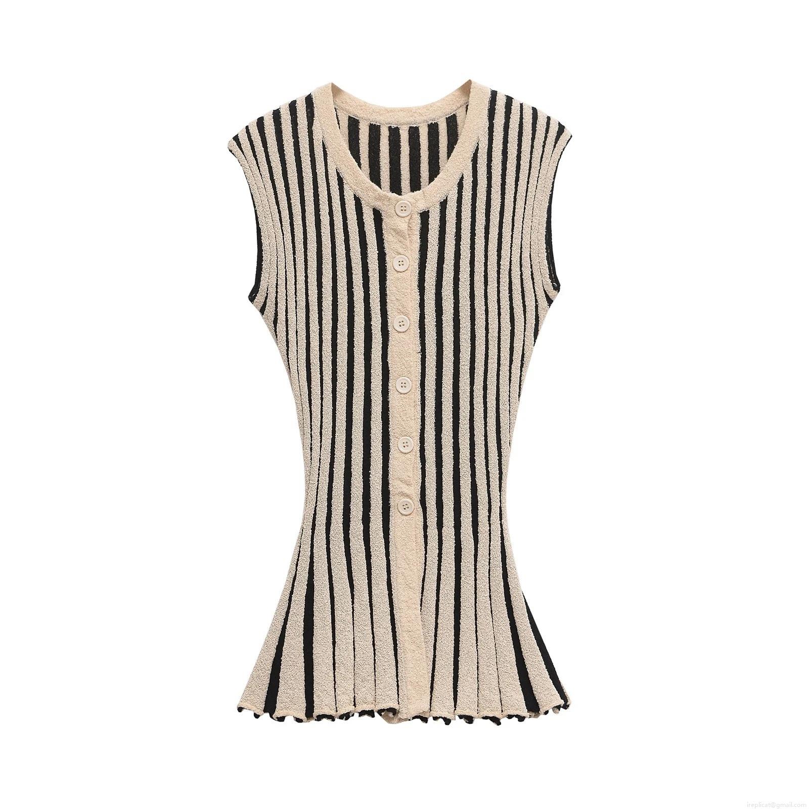 Women's Striped Knitted Two Piece Set Sleeveless Button Front Vest And High Waist Flare Pants Polyester Knit Slim Fit Chic Tracksuit For Ladies Women's Striped Knitted Two Piece Set Sleeveless Button Front Vest And High Waist Flare Pants Polyester Knit Slim Fit Chic Tracksuit For Ladies