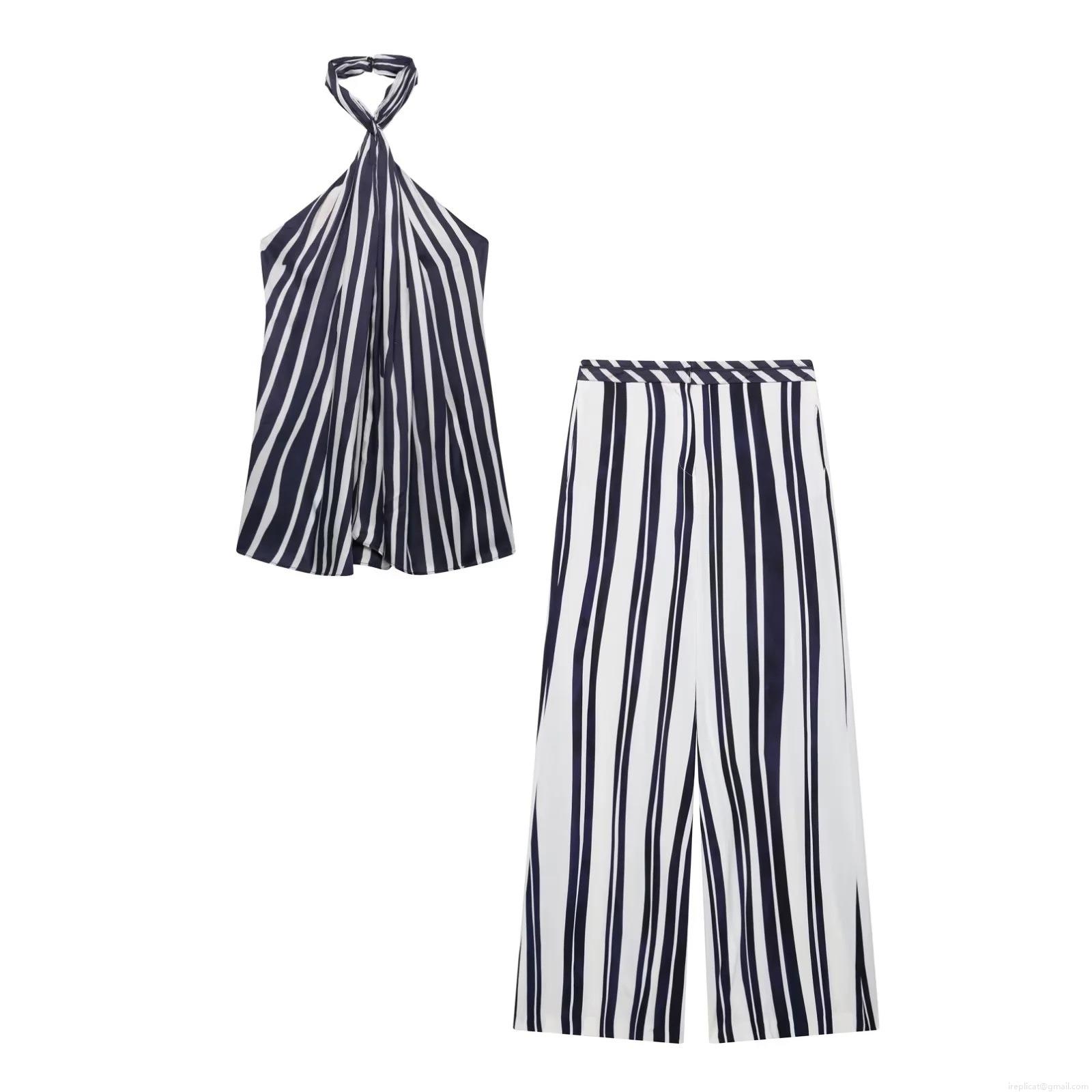 Women's Striped Two Piece Set 100% Polyester Halter Neck Sleeveless Backless Top and High Waist Wide Leg Pants Set Summer Casual Beach Vacation Outfits Women's Striped Two Piece Set 100% Polyester Halter Neck Sleeveless Backless Top and High Waist Wide Leg Pants Set Summer Casual Beach Vacation Outfits