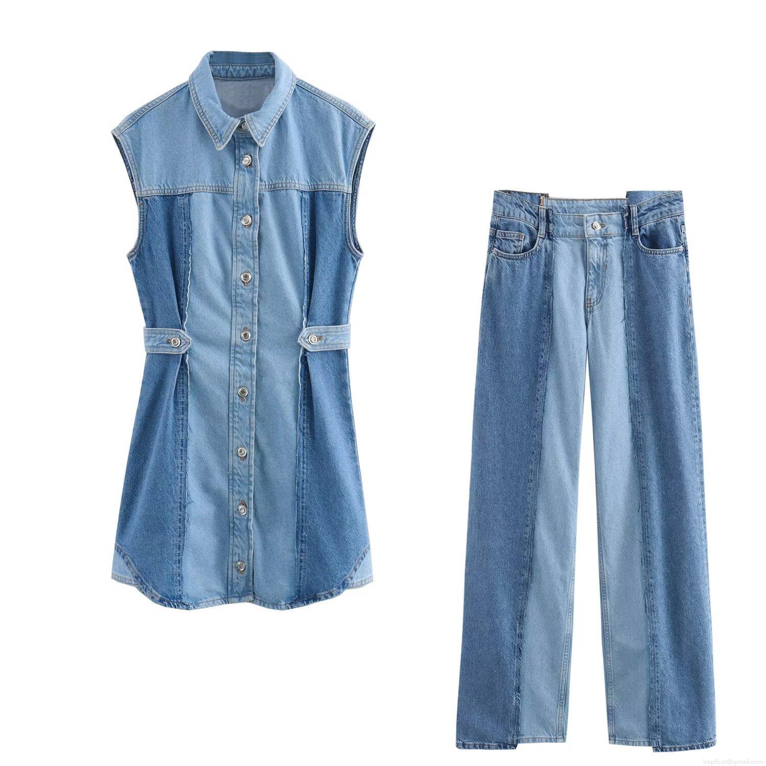 Women Patchwork Denim Two Piece Set Streetwear Casual Sleeveless Denim Jacket Vest Top And High Waisted Patchwork Denim Straight Pants Outfit For Women Women Patchwork Denim Two Piece Set Streetwear Casual Sleeveless Denim Jacket Vest Top And High Waisted Patchwork Denim Straight Pants Outfit For Women