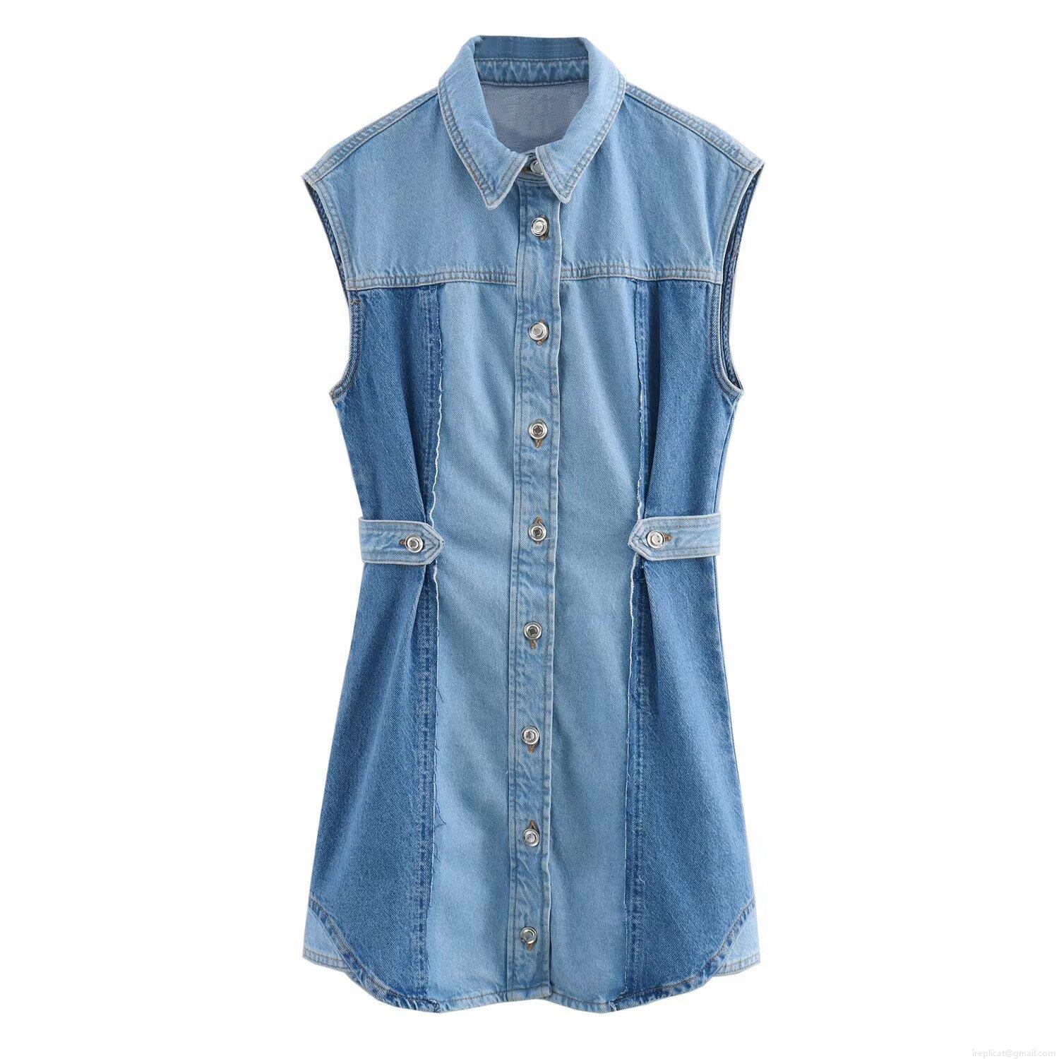 Women Patchwork Denim Two Piece Set Streetwear Casual Sleeveless Denim Jacket Vest Top And High Waisted Patchwork Denim Straight Pants Outfit For Women