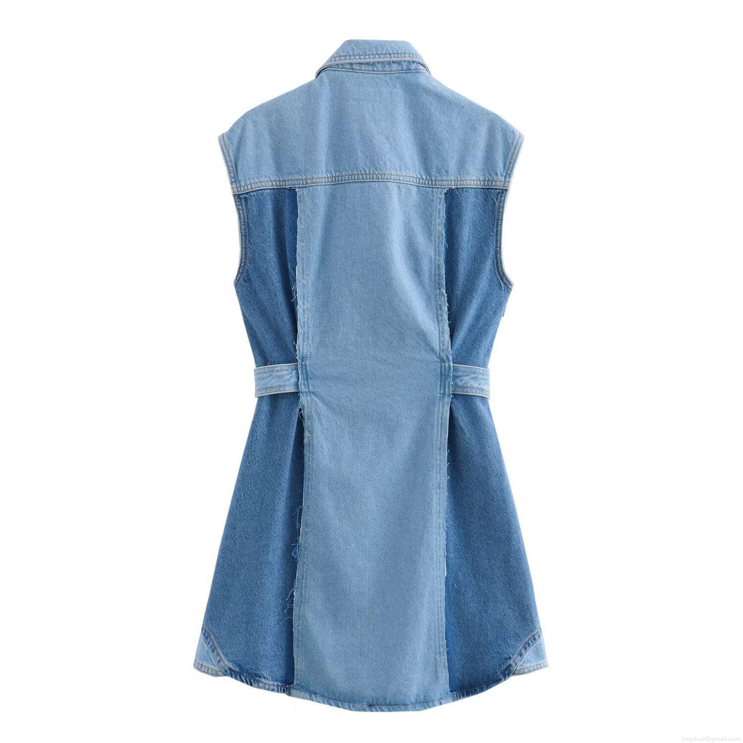 Women Patchwork Denim Two Piece Set Streetwear Casual Sleeveless Denim Jacket Vest Top And High Waisted Patchwork Denim Straight Pants Outfit For Women