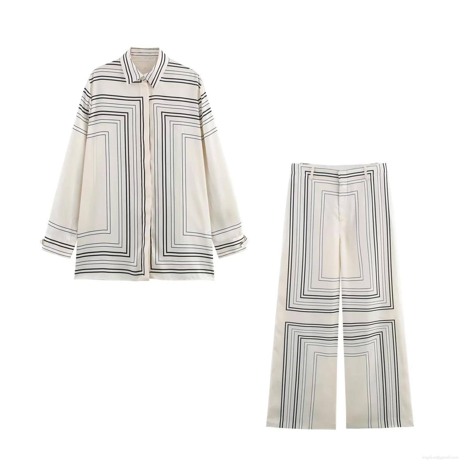 Women's Satin Printed Two Piece Outfit Set Geometric Long Sleeve Button Down Shirt And High Waist Wide Leg Pants Streetwear Casual Suit Women's Satin Printed Two Piece Outfit Set Geometric Long Sleeve Button Down Shirt And High Waist Wide Leg Pants Streetwear Casual Suit