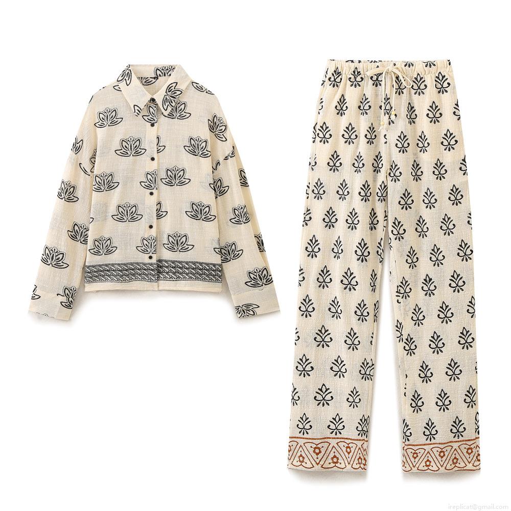 Women's Ethnic Embroidery Cotton Polyester Vacation Two Piece Set Lotus Print Shirt And Elastic Waist Pants Casual Streetwear Long Sleeve Blouse Set Women's Ethnic Embroidery Cotton Polyester Vacation Two Piece Set Lotus Print Shirt And Elastic Waist Pants Casual Streetwear Long Sleeve Blouse Set